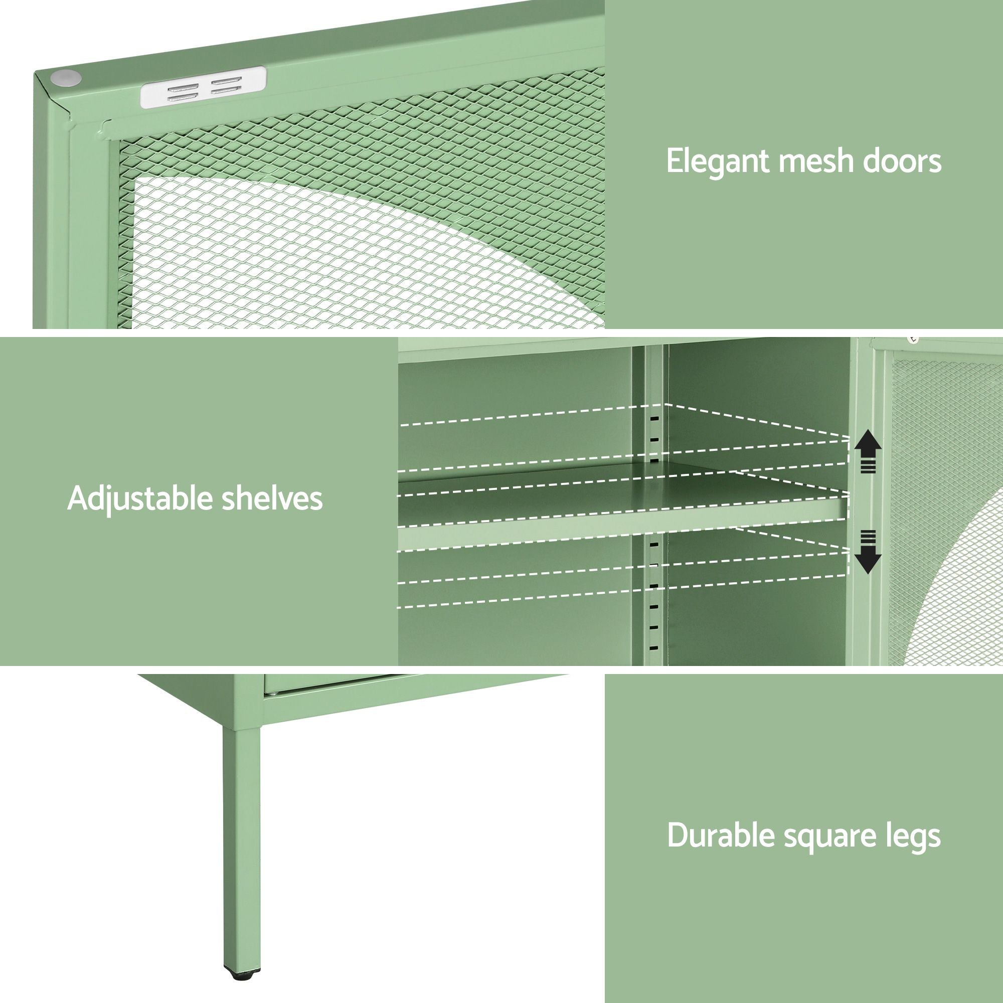 2x Buffet Sideboard Cabinet ELSA Cupboard Storage Mesh Doors Metal Green