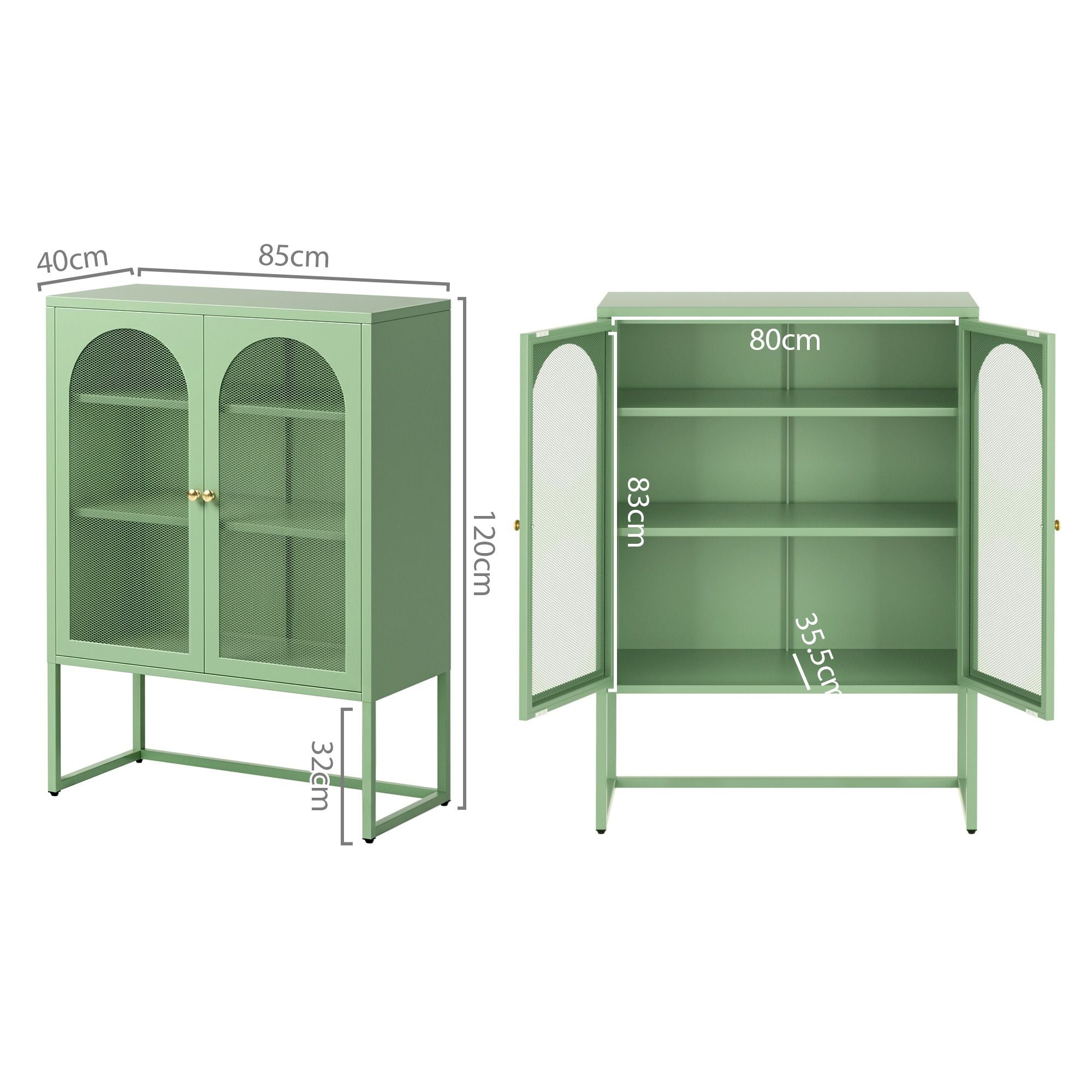2x Buffet Sideboard Cabinet ELMA Cupboard Storage Mesh Doors Metal Green