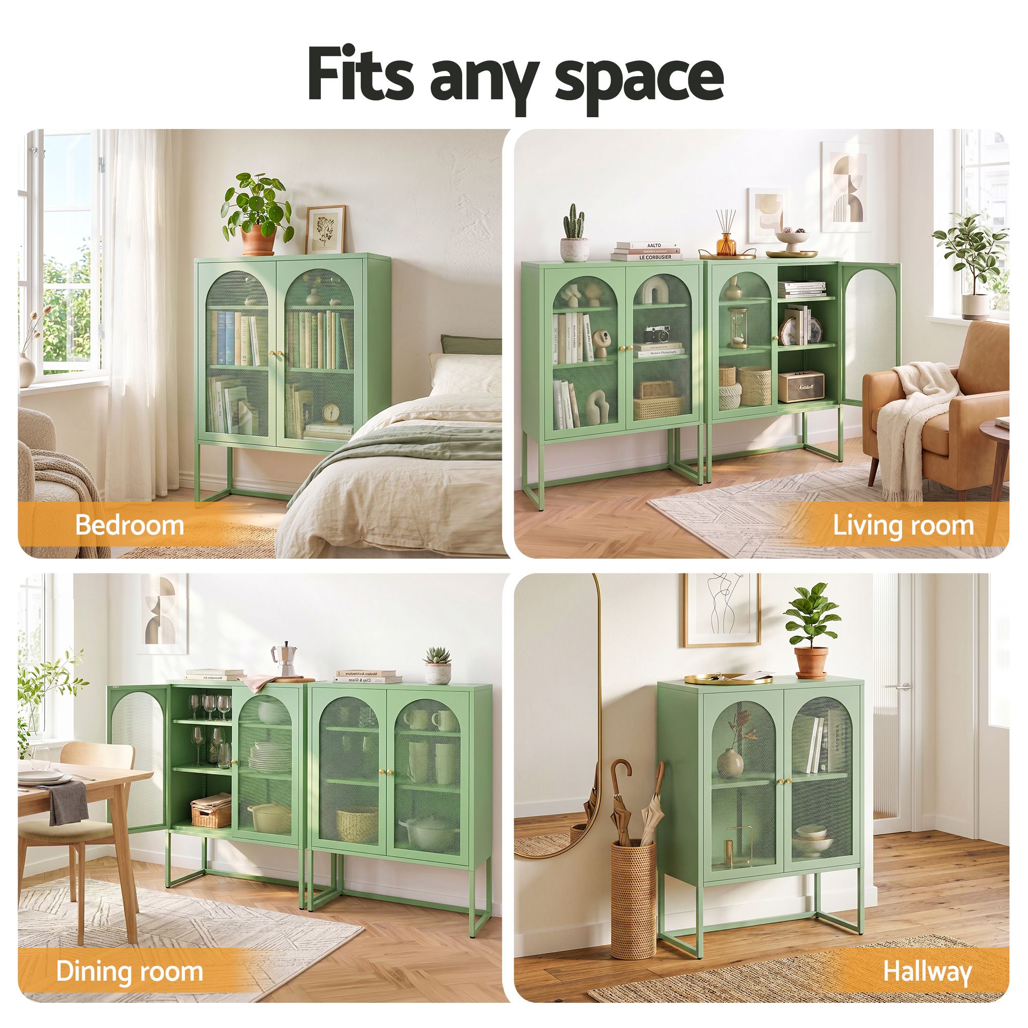2x Buffet Sideboard Cabinet ELMA Cupboard Storage Mesh Doors Metal Green