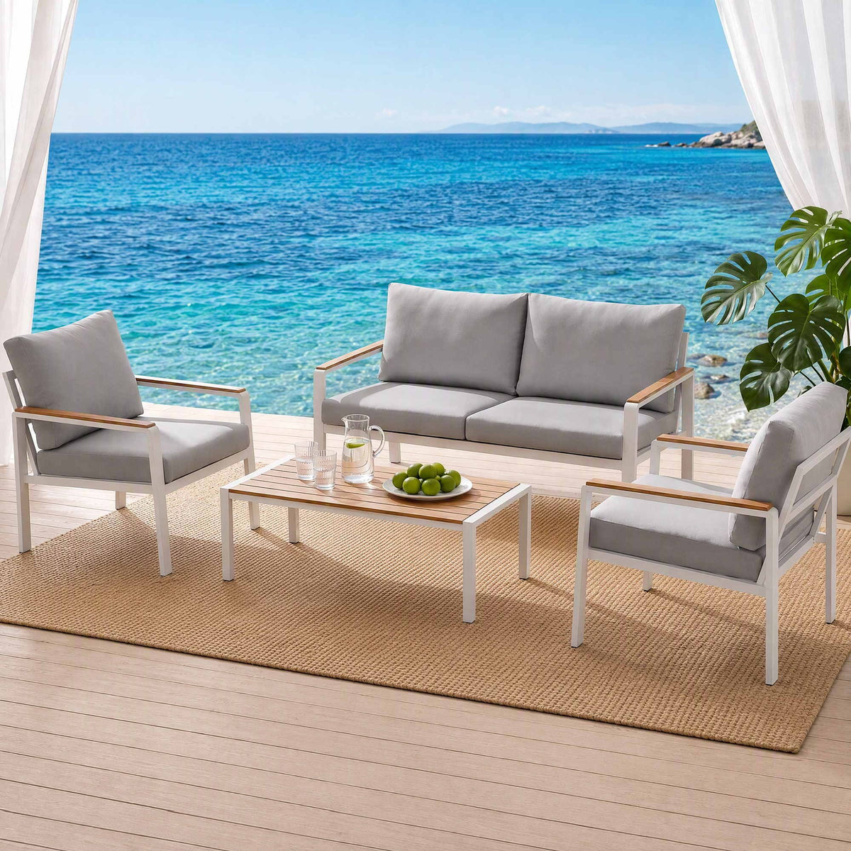 4-Piece Outdoor Sofa Set with Aluminum Frame and Table - White