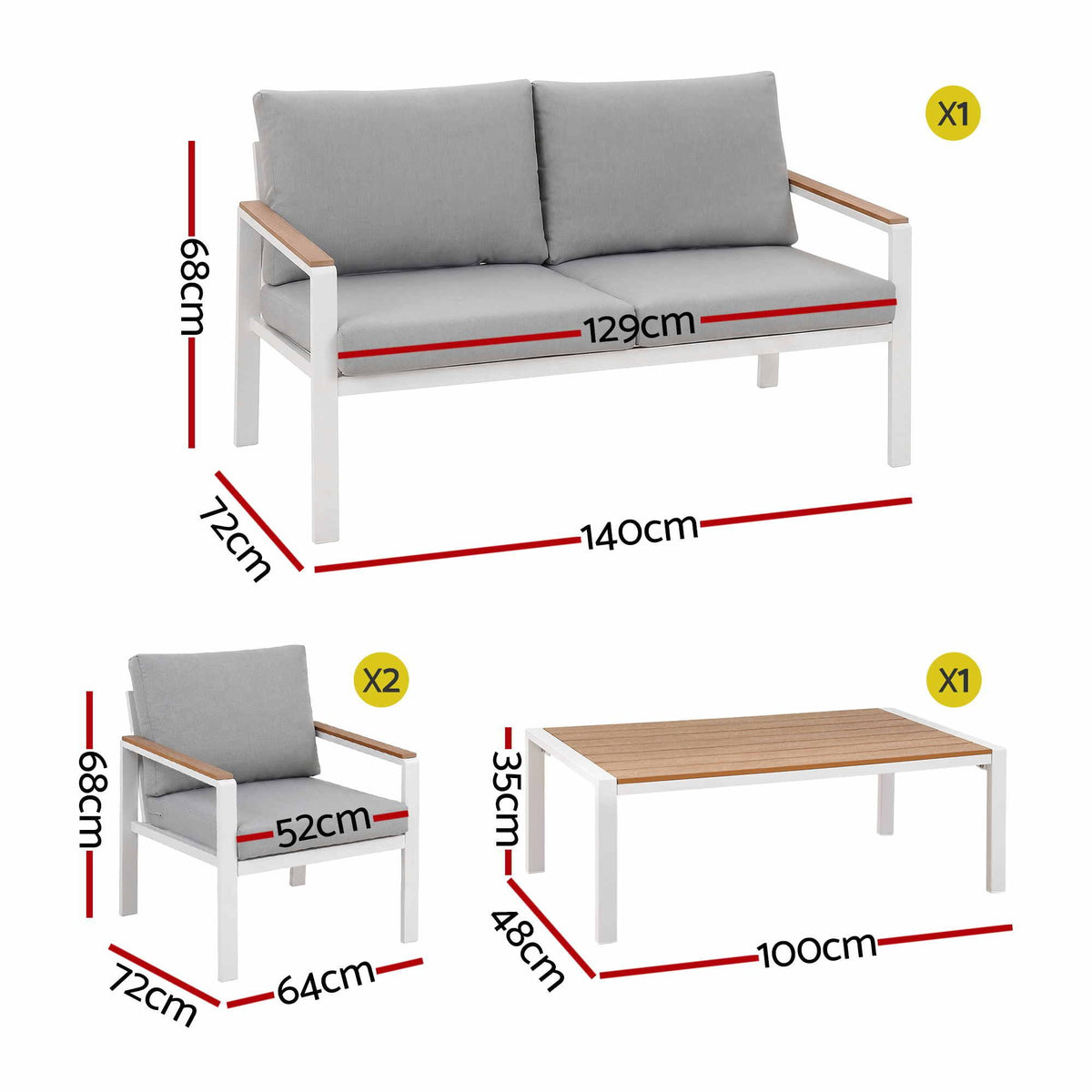 4-Piece Outdoor Sofa Set with Aluminum Frame and Table - White