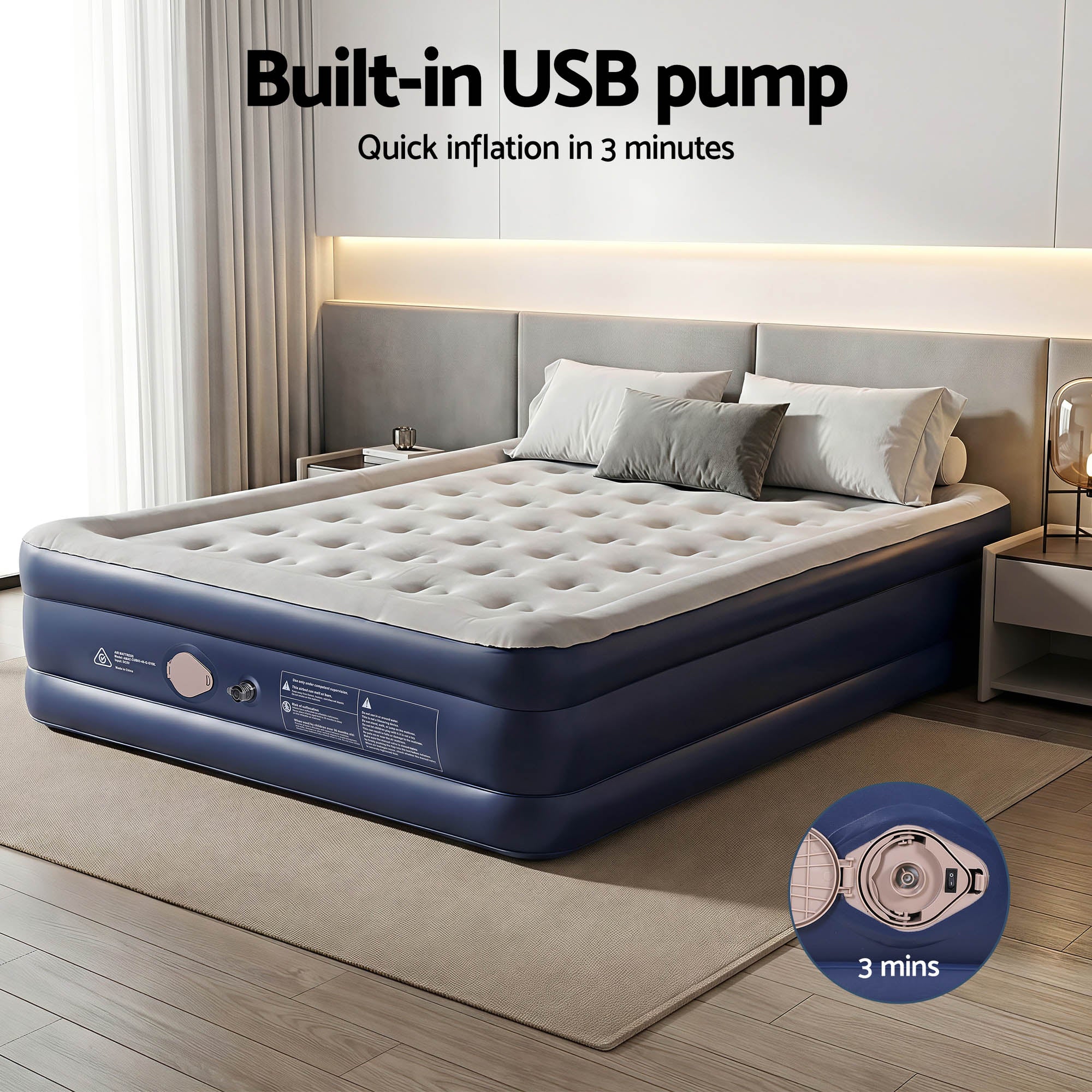 Queen Inflatable Air Mattress 46cm High with USB Pump - Blue