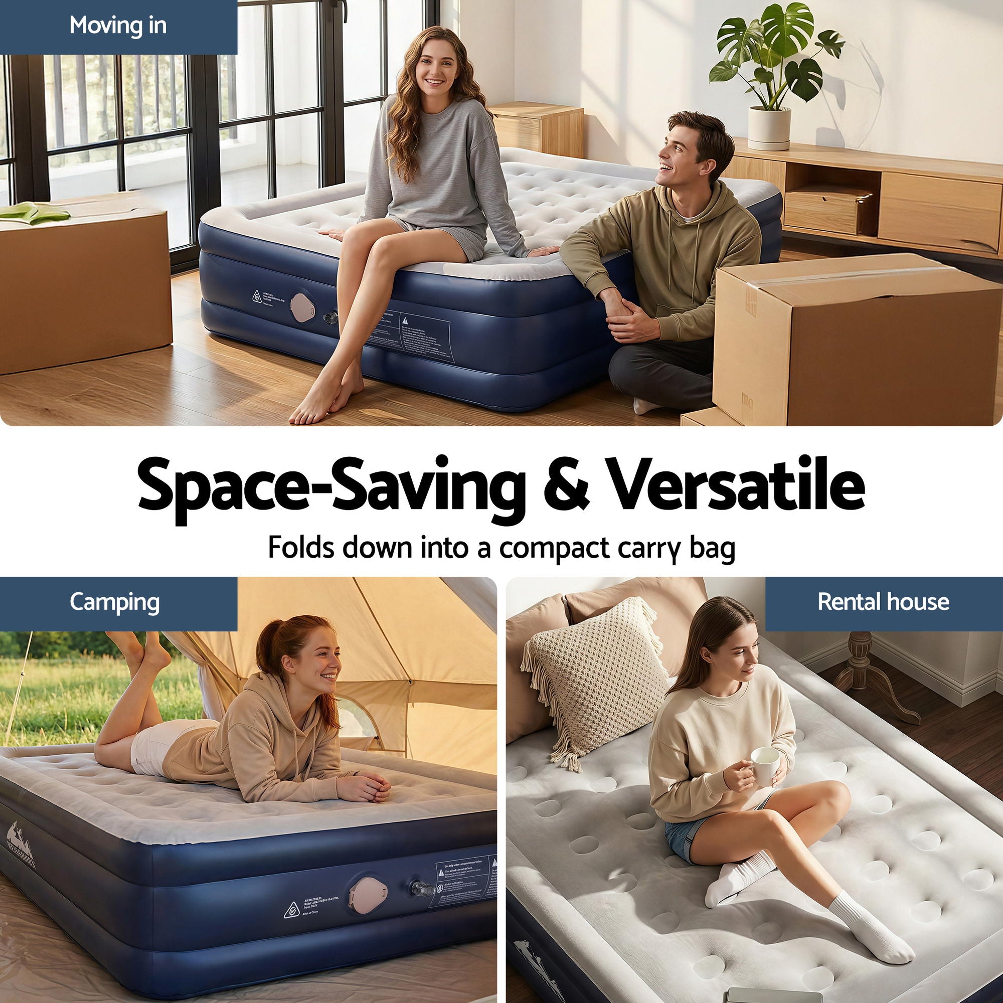 Queen Inflatable Air Mattress 46cm High with USB Pump - Blue