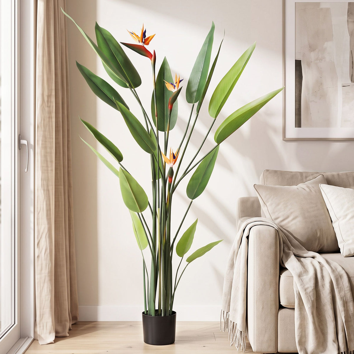 150cm Artificial Bird of Paradise Plant with Flowers for Home and Office Decor - Green and Orange