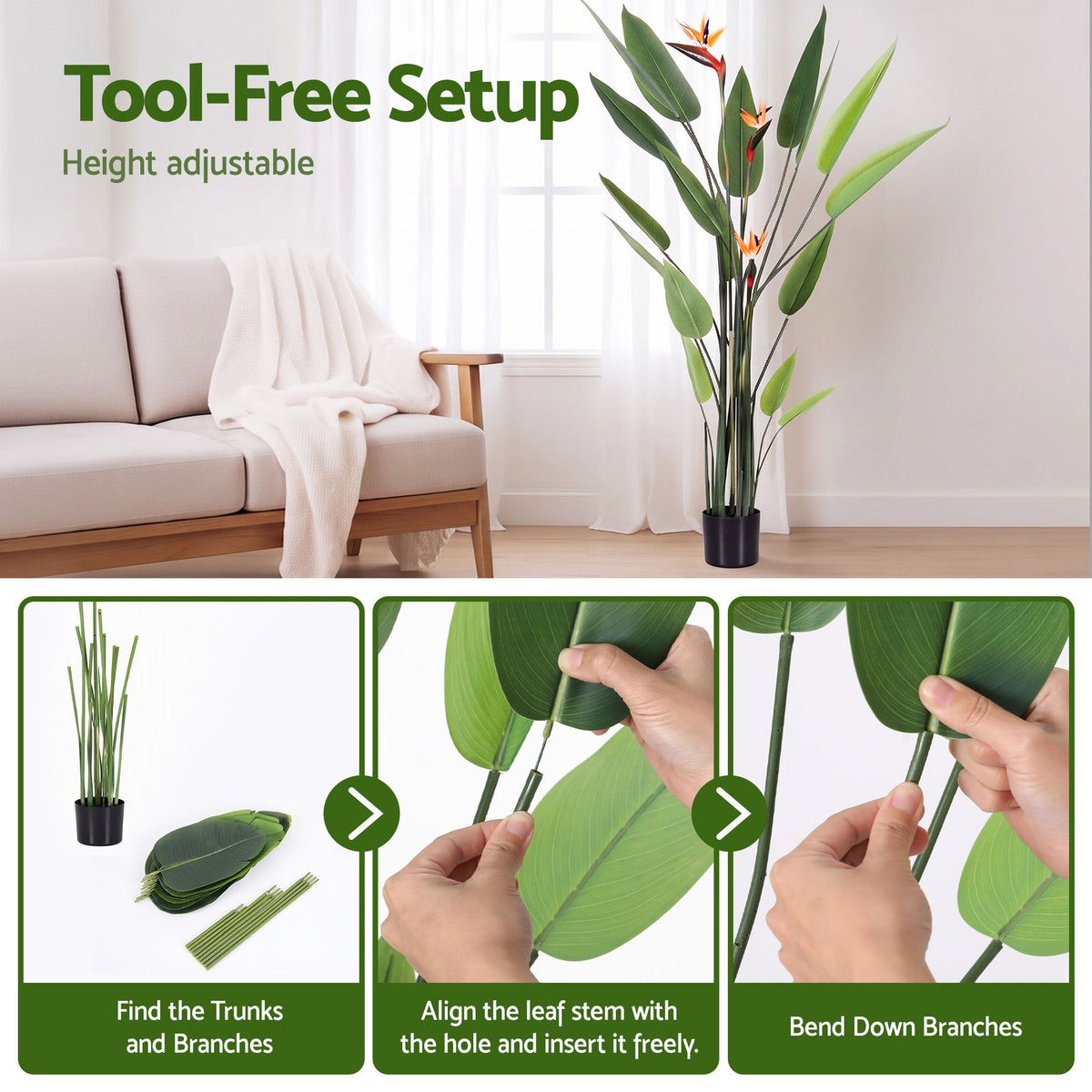 150cm Artificial Bird of Paradise Plant with Flowers for Home and Office Decor - Green and Orange