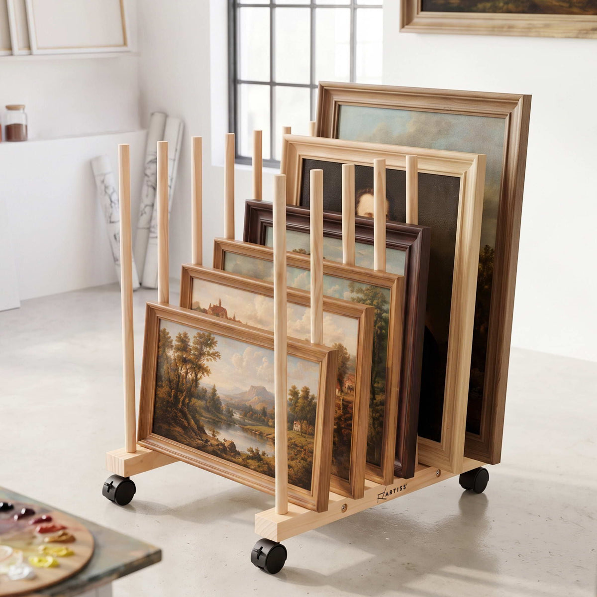 Wooden Art Drying and Canvas Storage Rack with Caster Wheels for Studio, Gallery, Classroom