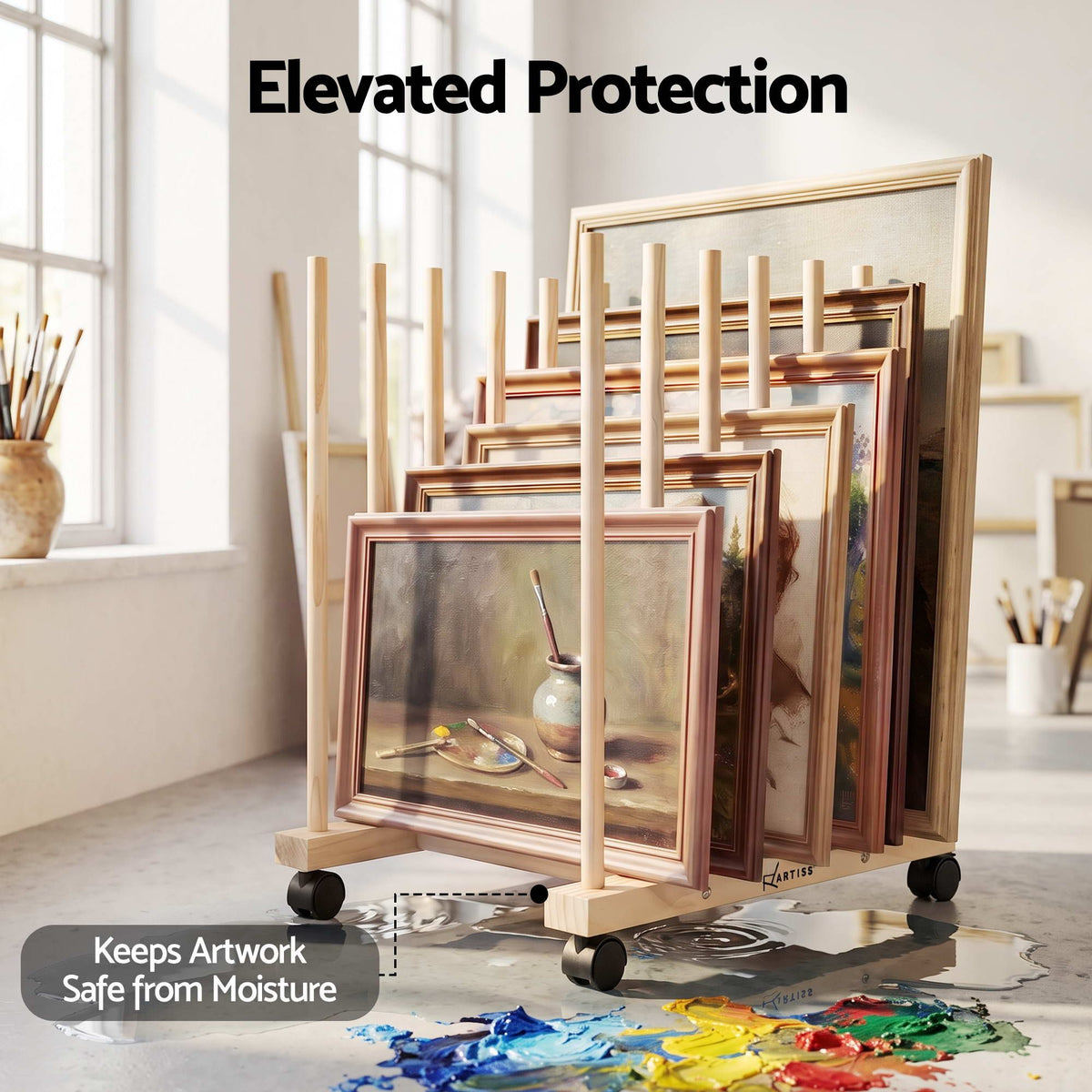 Wooden Art Drying and Canvas Storage Rack with Caster Wheels for Studio, Gallery, Classroom