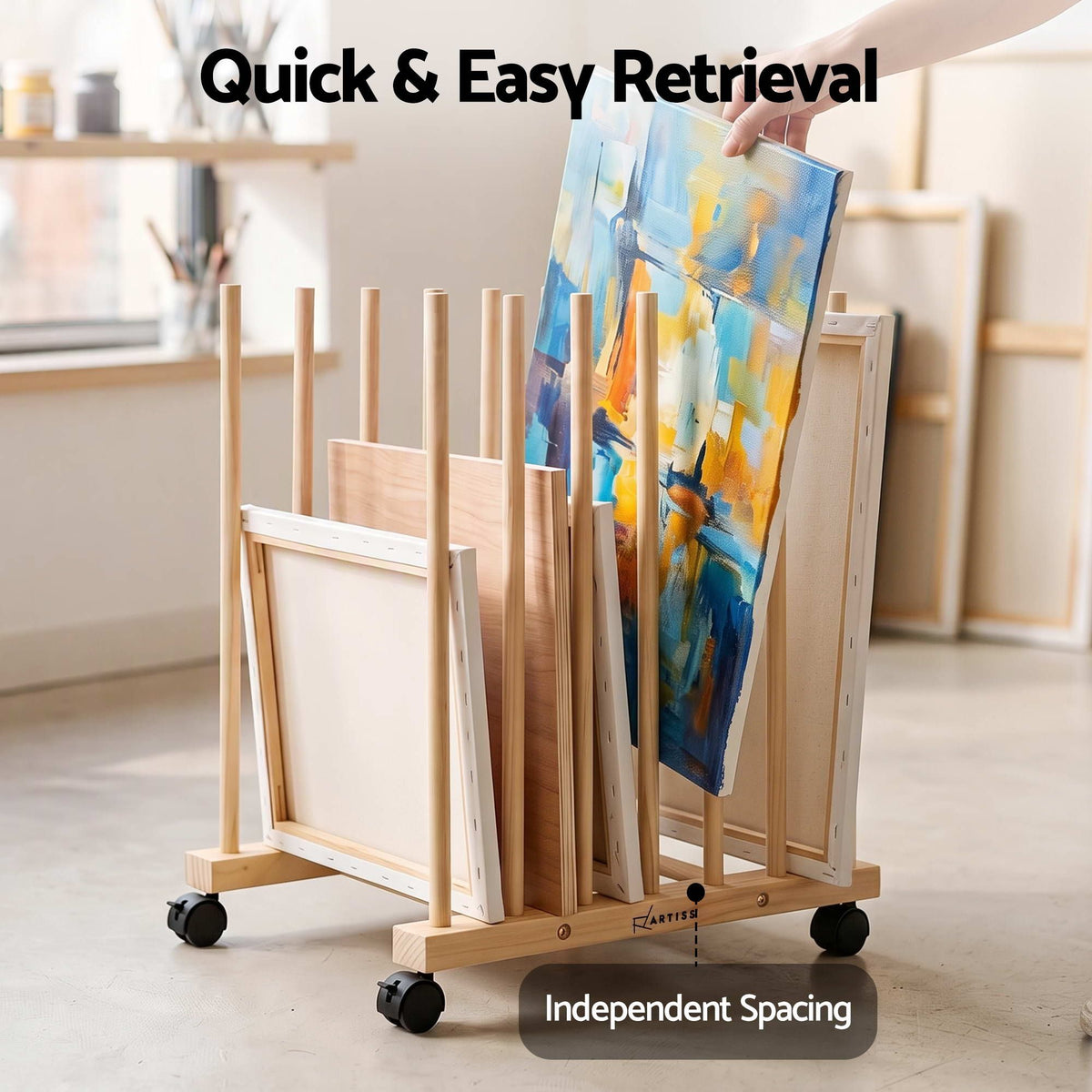 Wooden Art Drying and Canvas Storage Rack with Caster Wheels for Studio, Gallery, Classroom