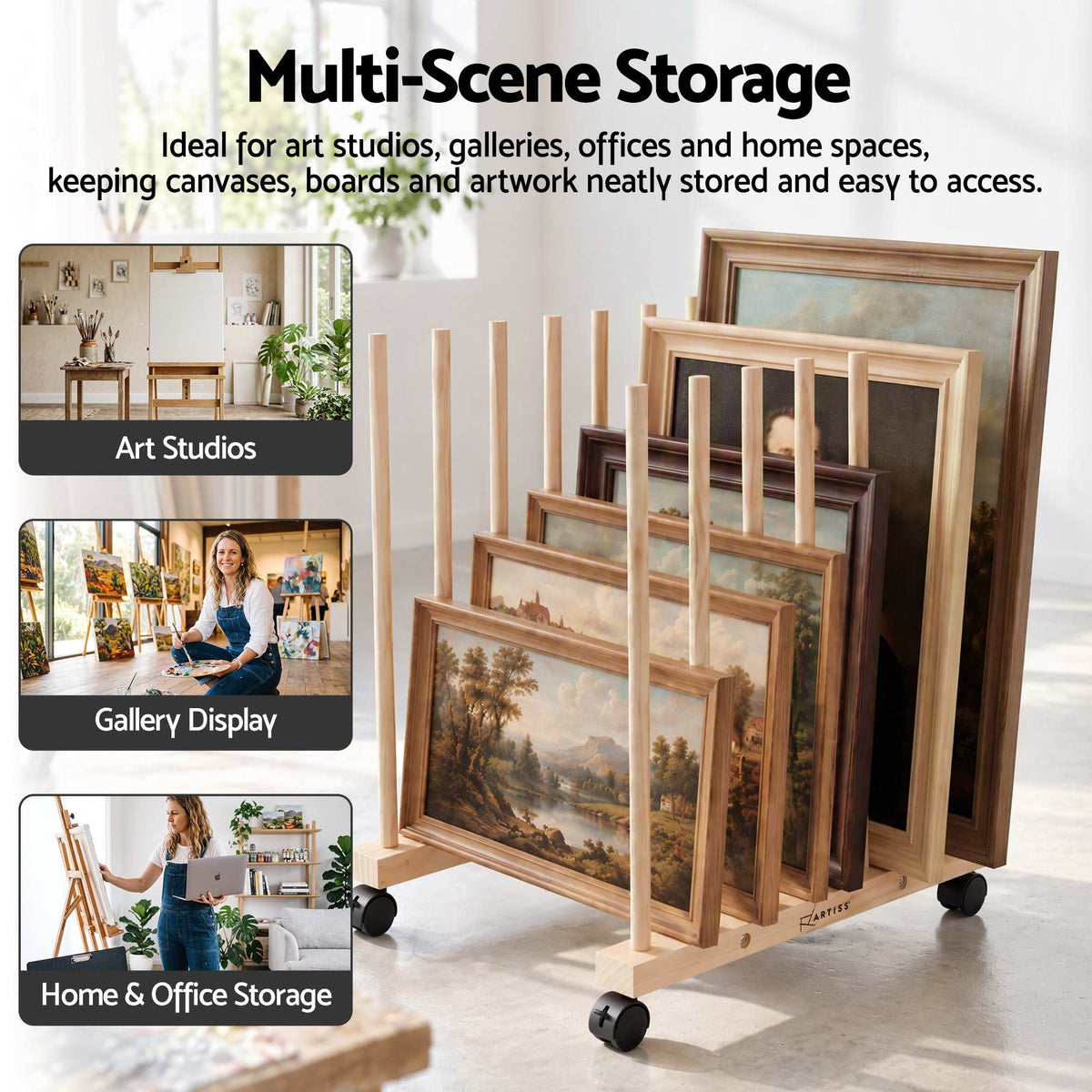 Wooden Art Drying and Canvas Storage Rack with Caster Wheels for Studio, Gallery, Classroom