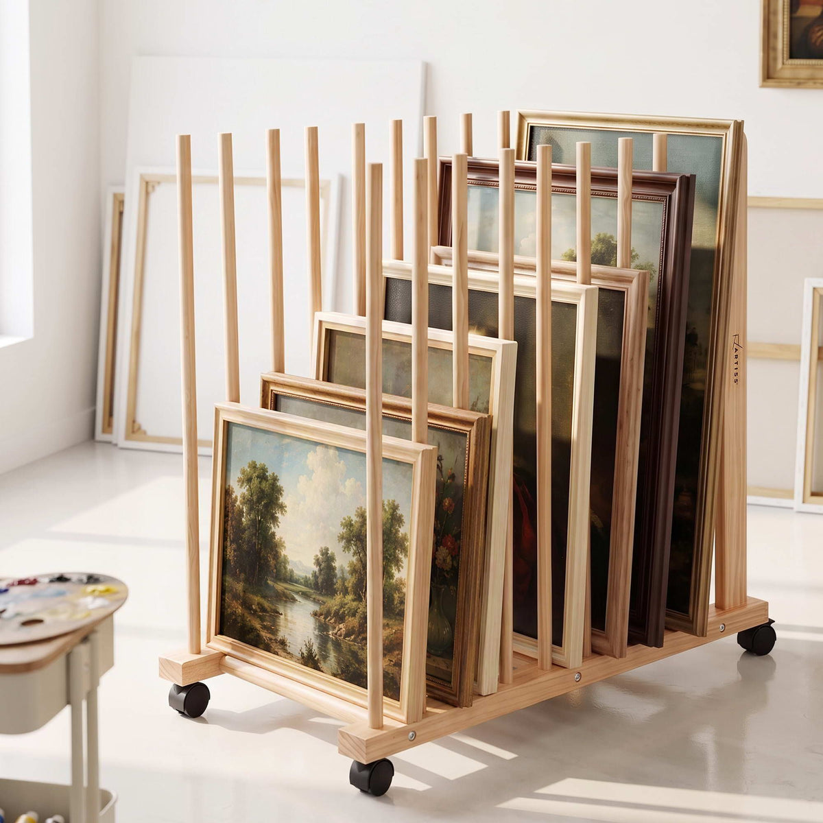 Art Drying and Storage Rack with Caster Wheels, Adjustable Solid Wood Slots for Canvases and Panels