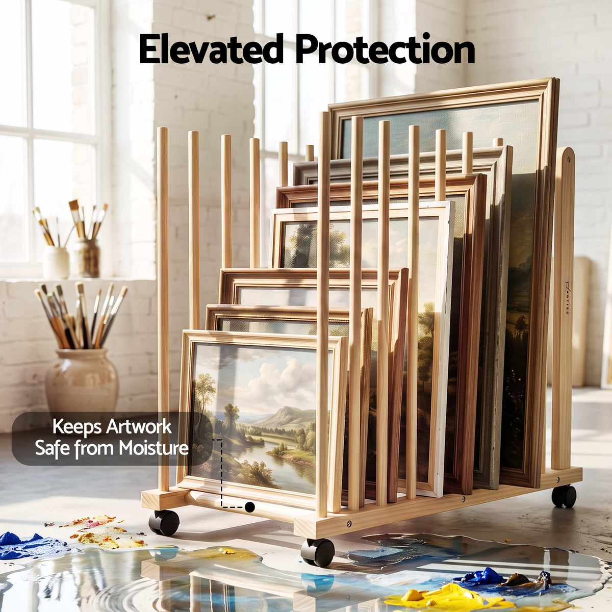 Art Drying and Storage Rack with Caster Wheels, Adjustable Solid Wood Slots for Canvases and Panels