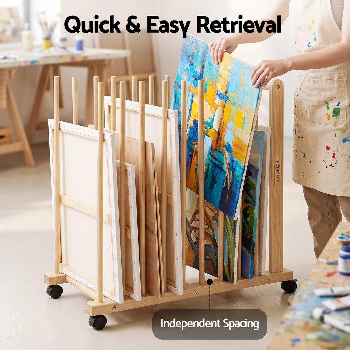 Art Drying and Storage Rack with Caster Wheels, Adjustable Solid Wood Slots for Canvases and Panels