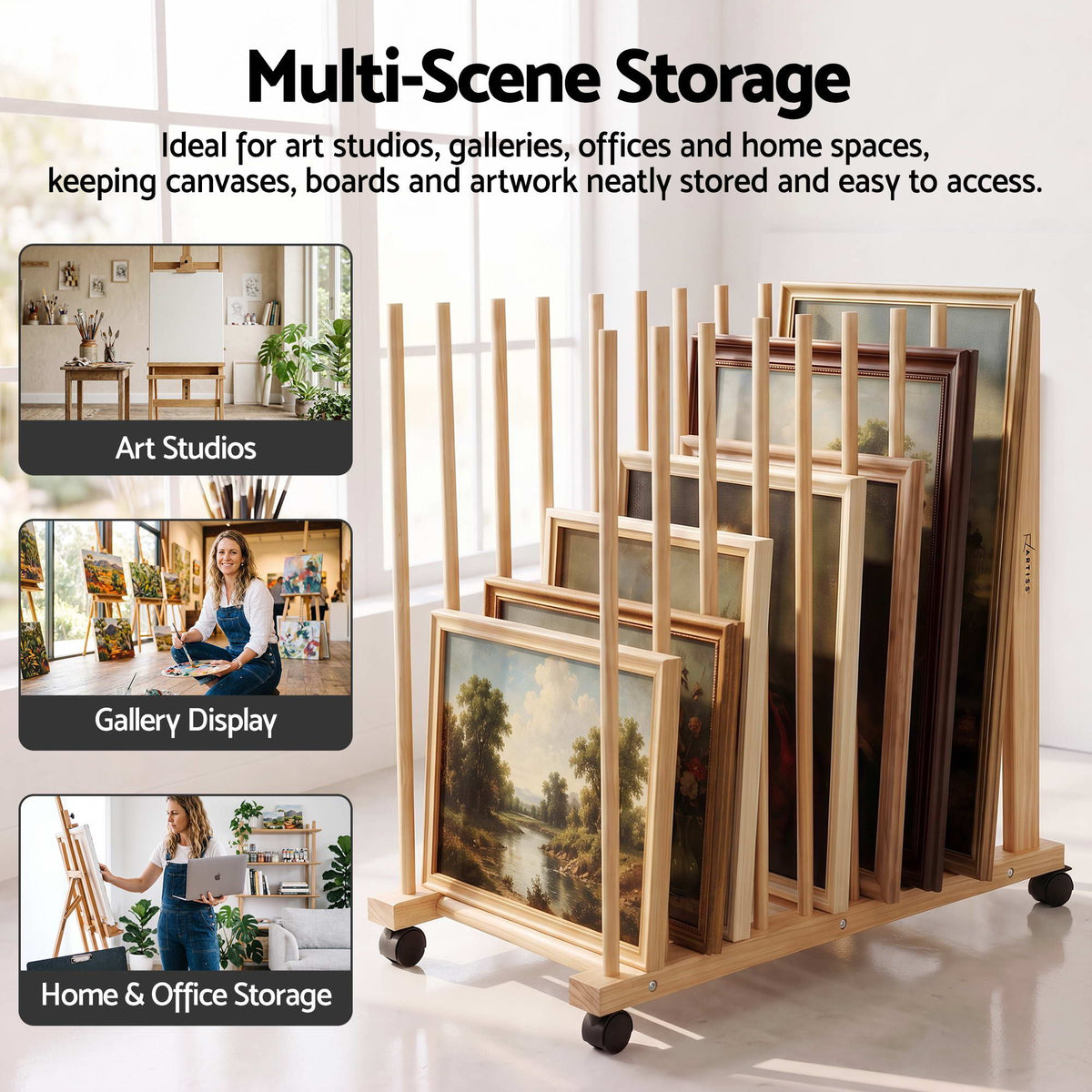 Art Drying and Storage Rack with Caster Wheels, Adjustable Solid Wood Slots for Canvases and Panels
