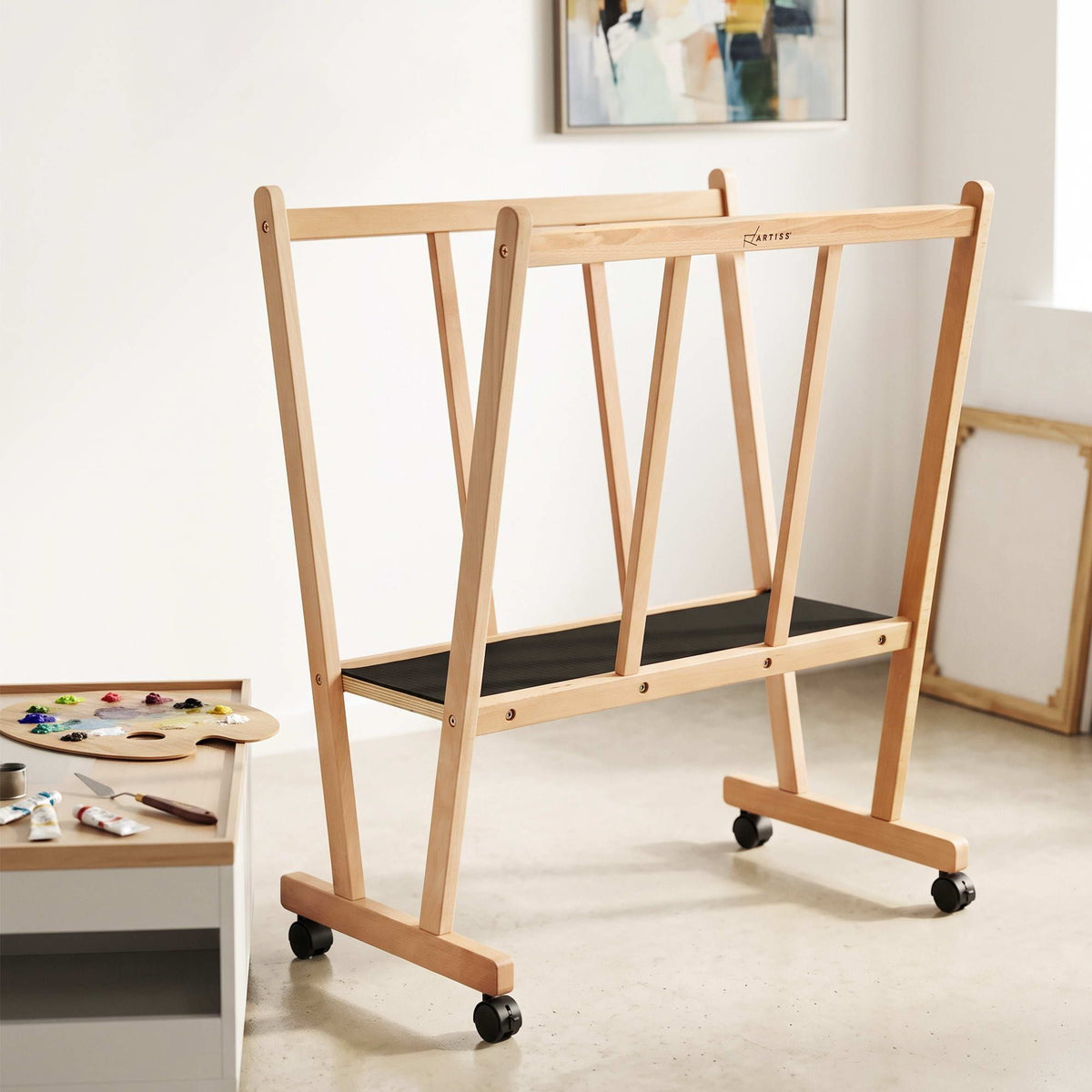 Art Display Wooden Print Rack with Castors for Canvas Drying & Storage