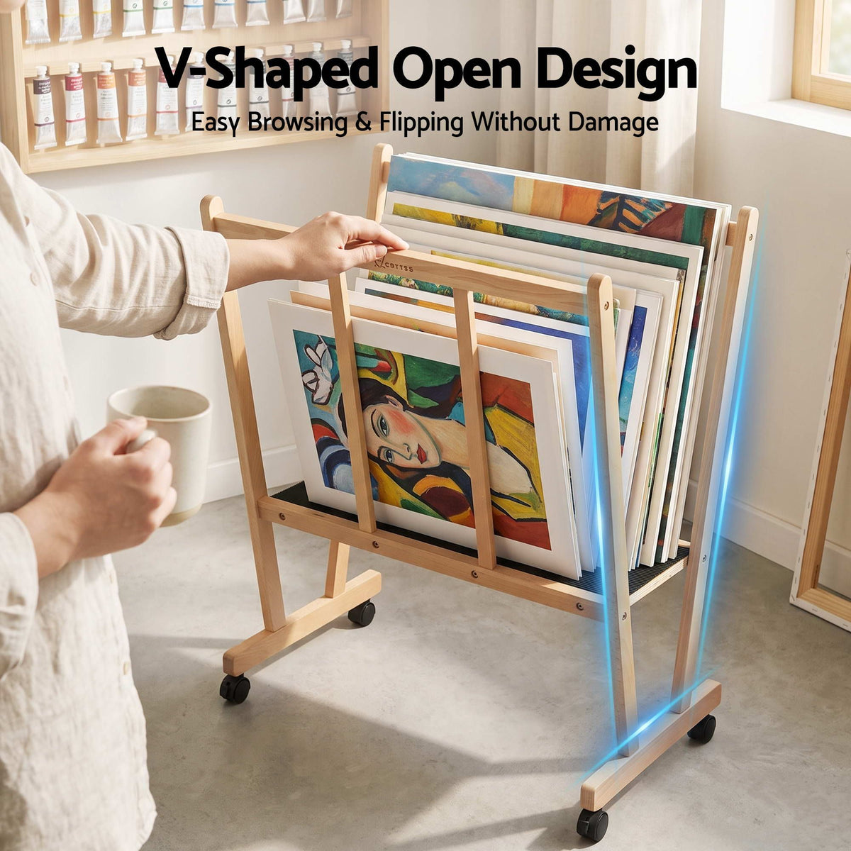 Art Display Wooden Print Rack with Castors for Canvas Drying & Storage