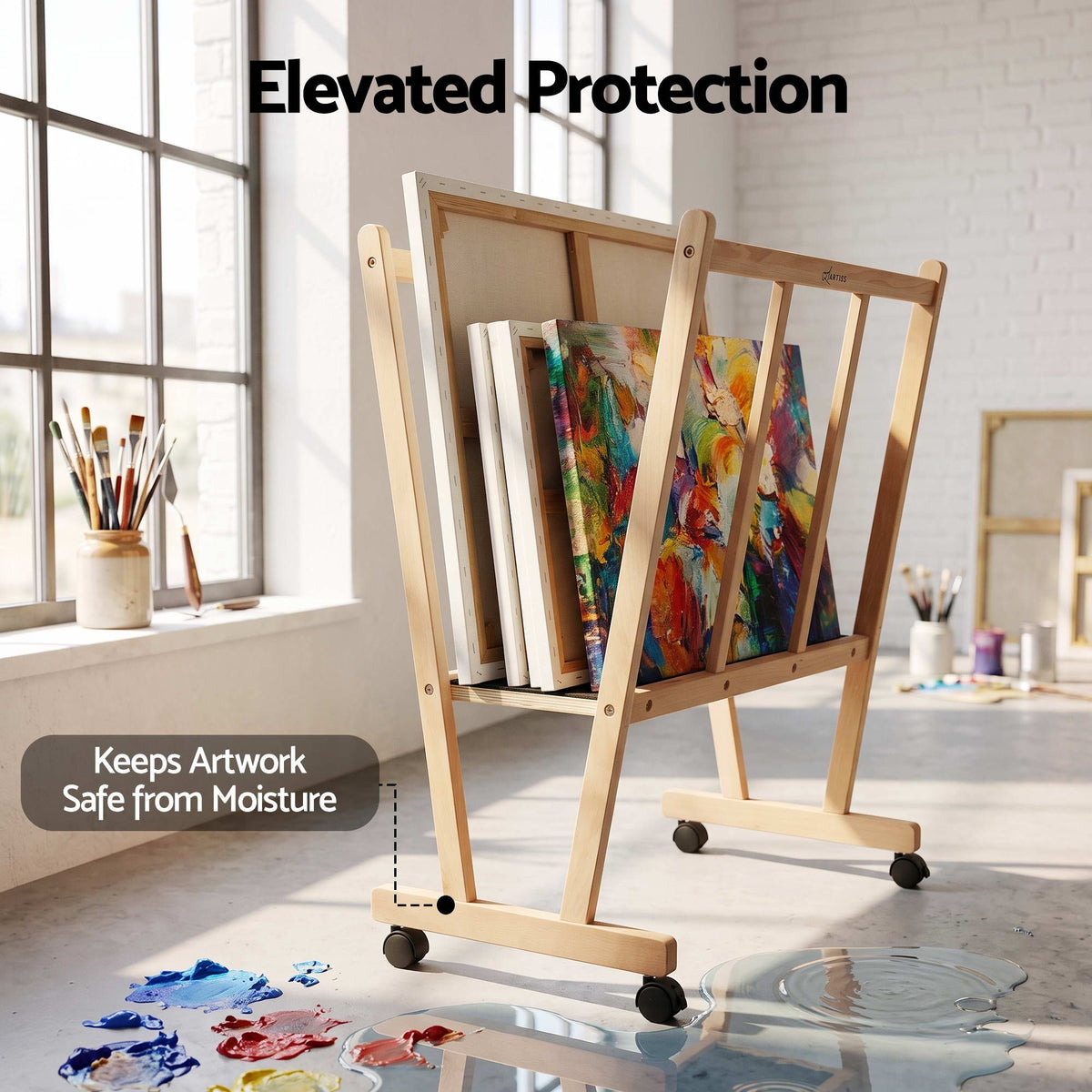 Art Display Wooden Print Rack with Castors for Canvas Drying & Storage