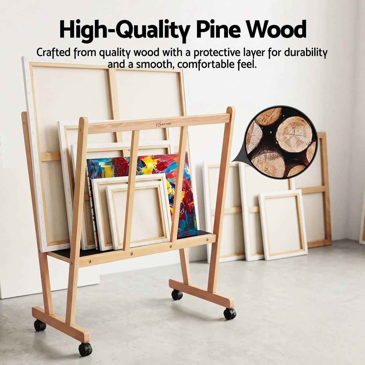 Art Display Wooden Print Rack with Castors for Canvas Drying & Storage