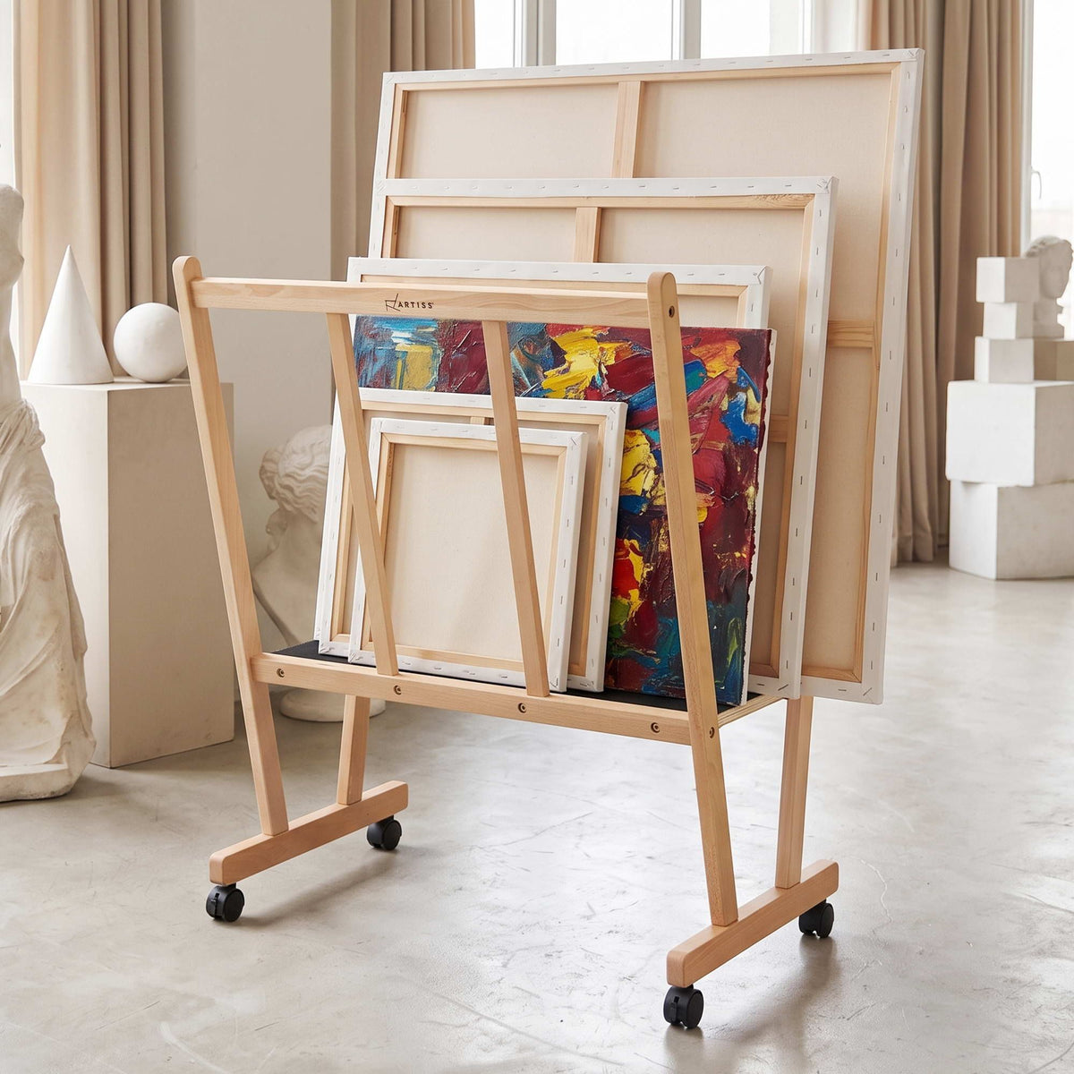 Art Display Wooden Print Rack with Castors for Canvas Drying & Storage