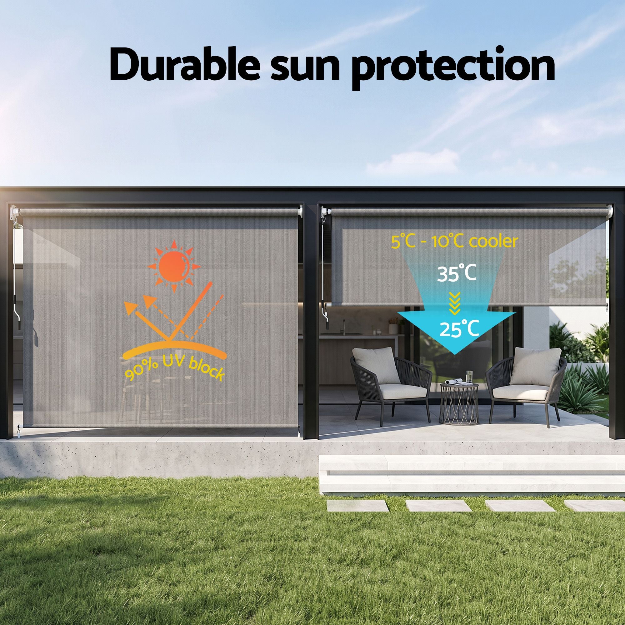 3X2.5M HDPE Straight Drop Awning Outdoor Roller Blind Shade Screen Grey