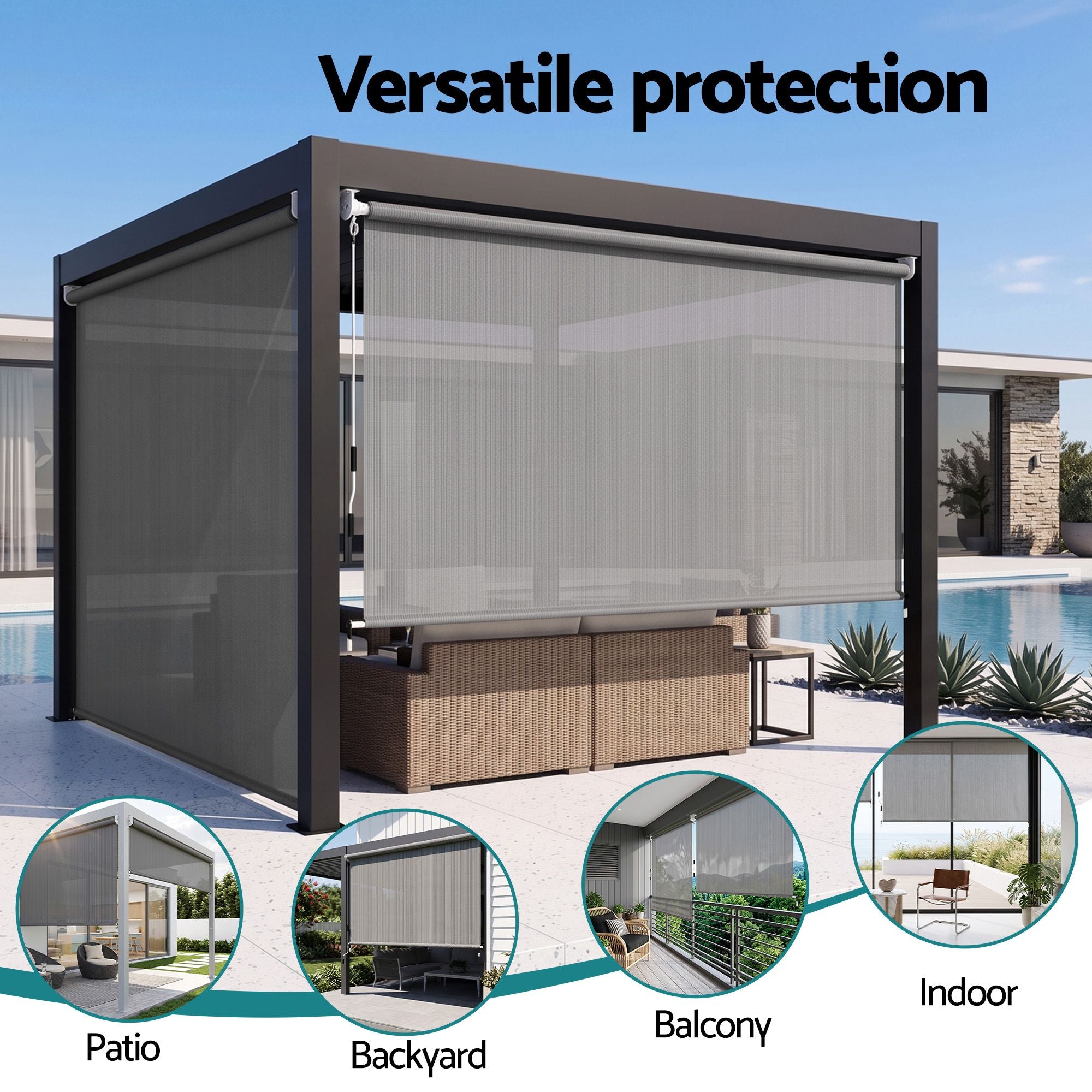 3X2.5M HDPE Straight Drop Awning Outdoor Roller Blind Shade Screen Grey