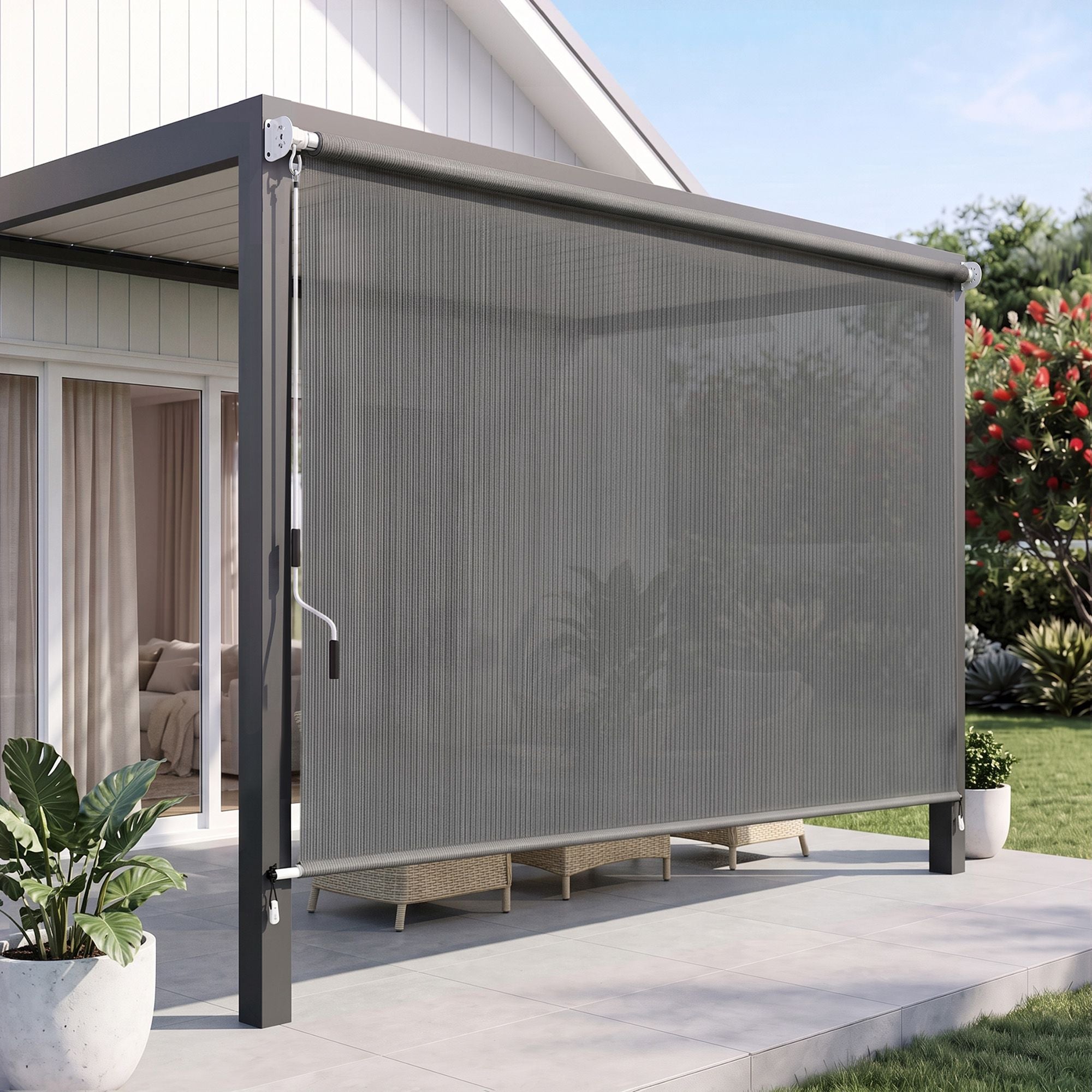 3X2.5M HDPE Straight Drop Awning Outdoor Roller Blind Shade Screen Grey