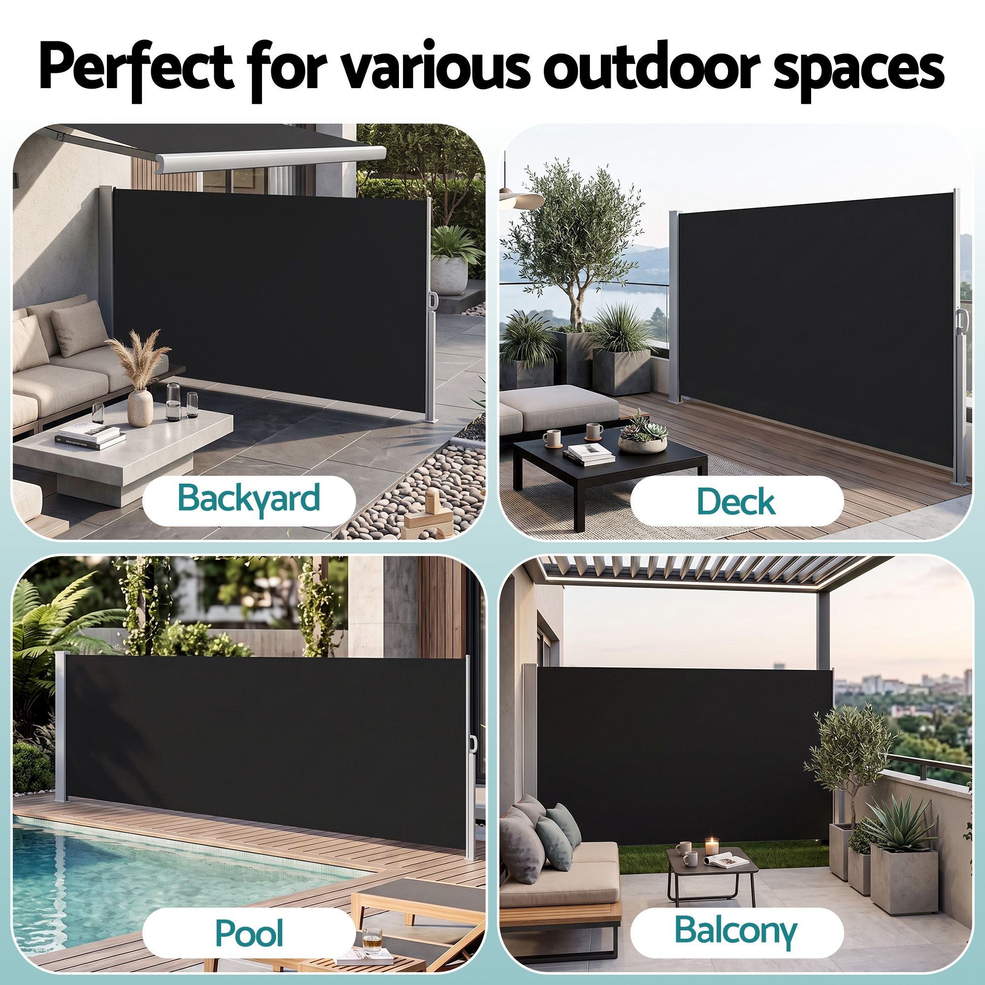 1.4X3M Side Awning Retractable Privacy Screen Outdoor Sun Shade Black