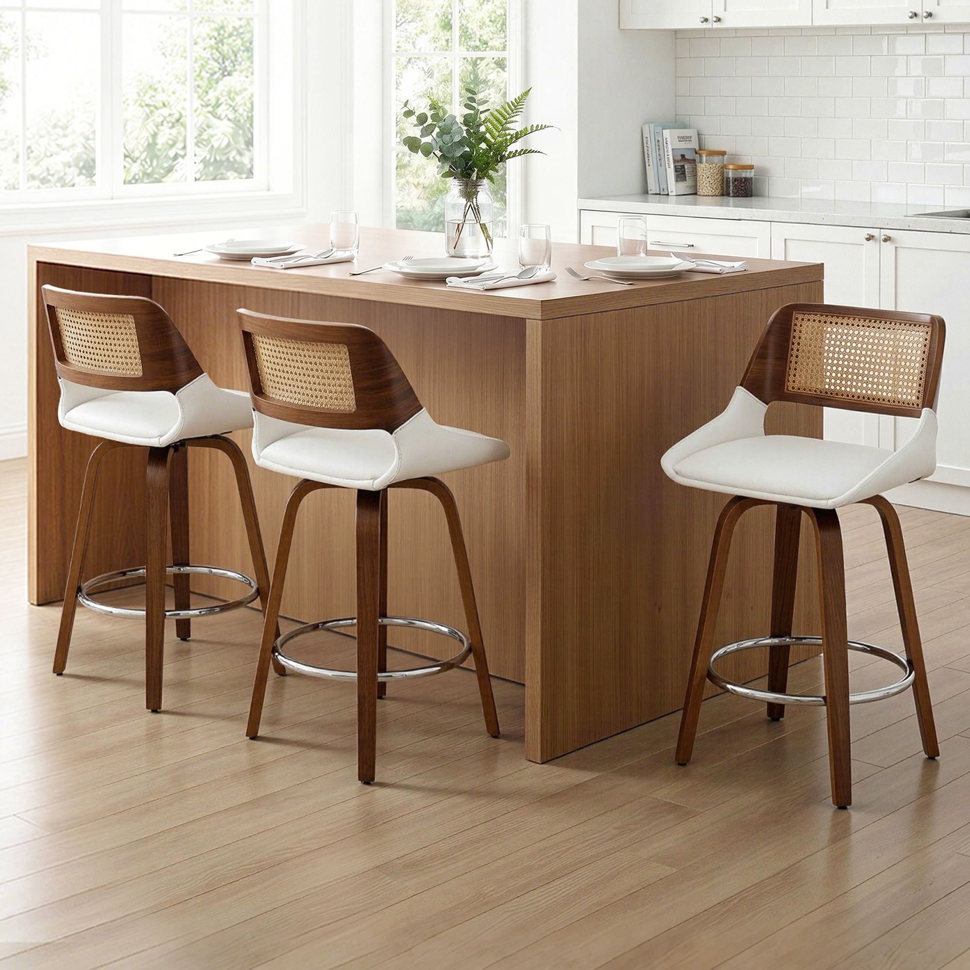 Set of 3 Wooden Swivel Kitchen Bar Stools 60cm Seat Height - White & Rattan