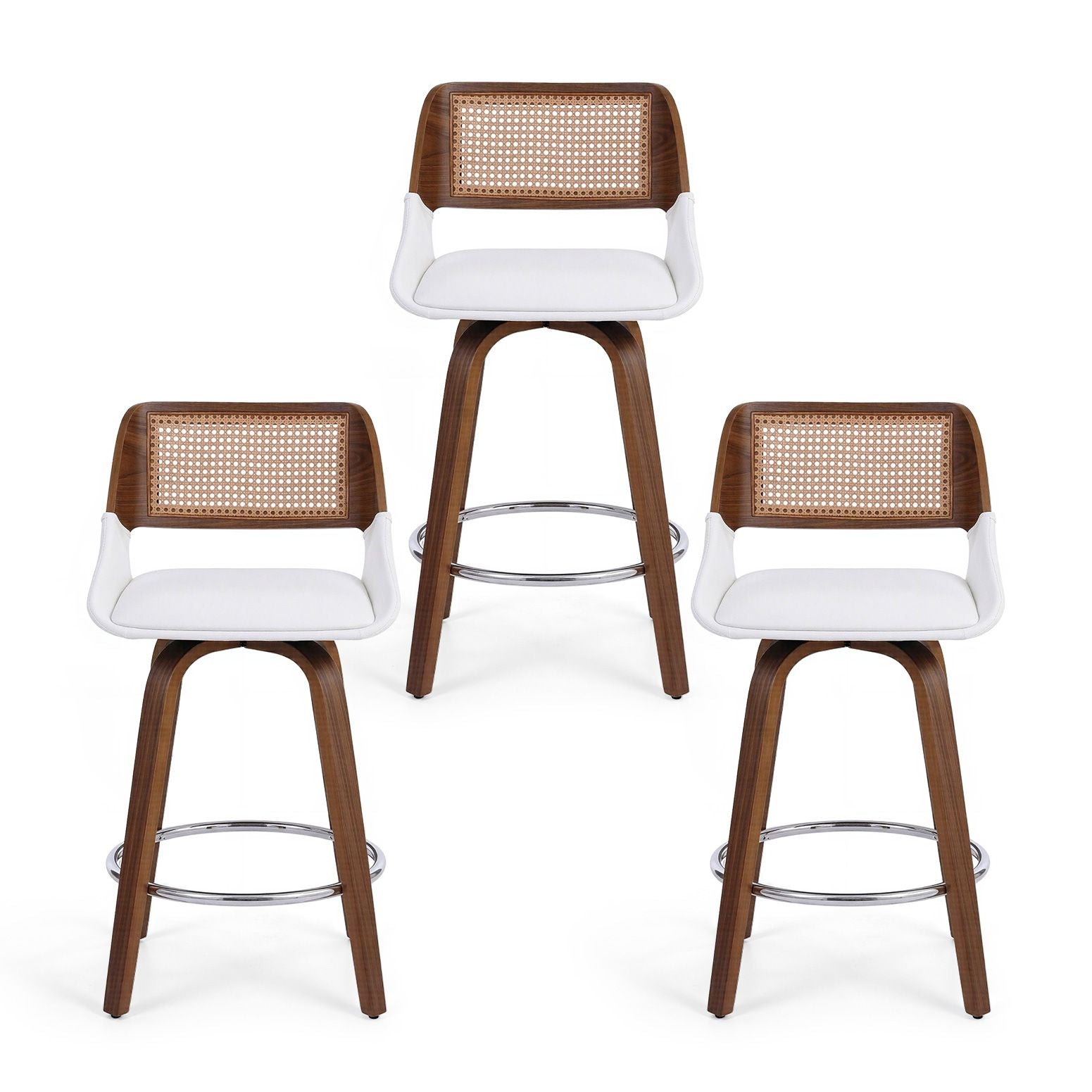 Set of 3 Wooden Swivel Kitchen Bar Stools 60cm Seat Height - White & Rattan