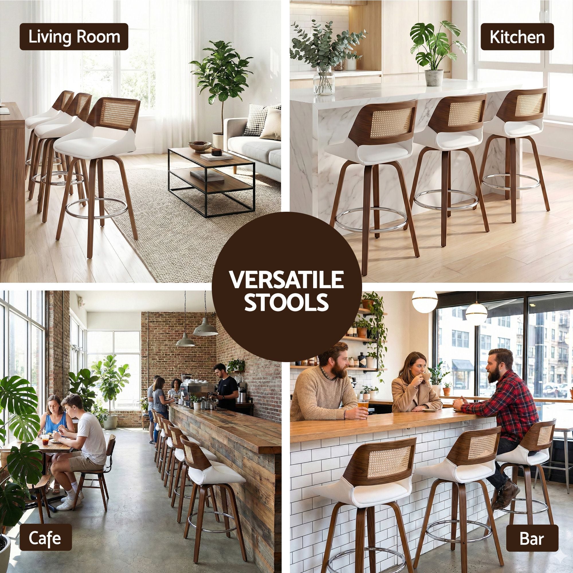 Set of 3 Wooden Swivel Kitchen Bar Stools 60cm Seat Height - White & Rattan