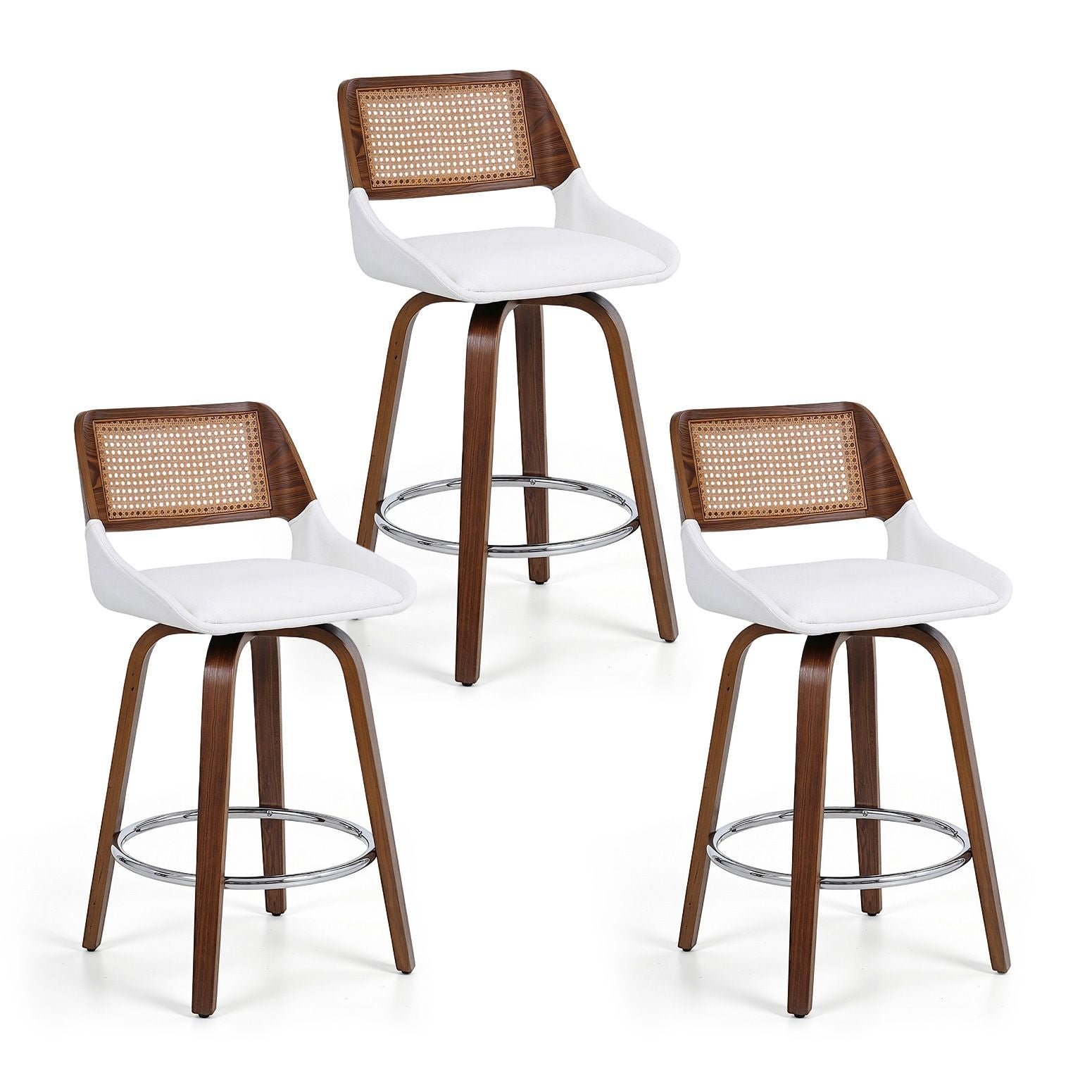 Set of 3 Wooden Swivel Kitchen Bar Stools 60cm Seat Height - White & Rattan