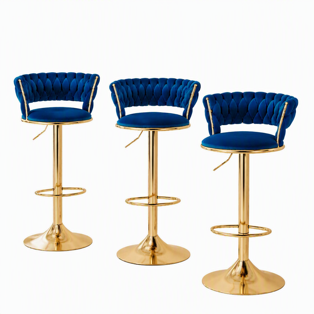 Bar Stools X3 Kitchen Counter Chair Gas Lift Velvet Woven Backrest Navy
