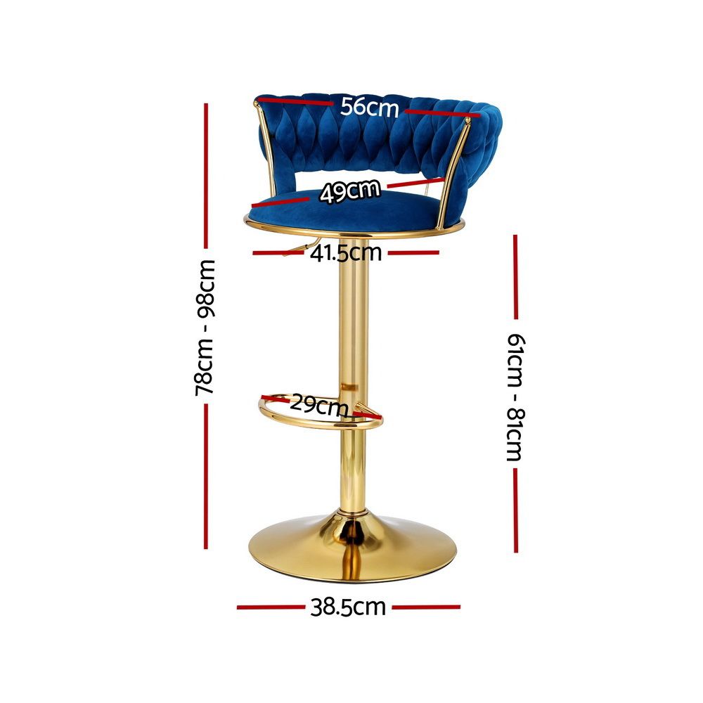 Bar Stools X3 Kitchen Counter Chair Gas Lift Velvet Woven Backrest Navy