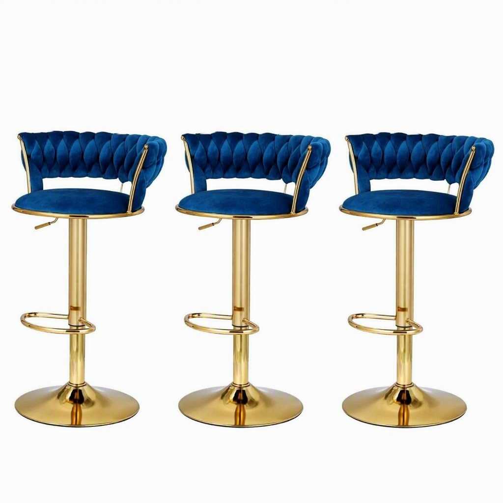 Bar Stools X3 Kitchen Counter Chair Gas Lift Velvet Woven Backrest Navy