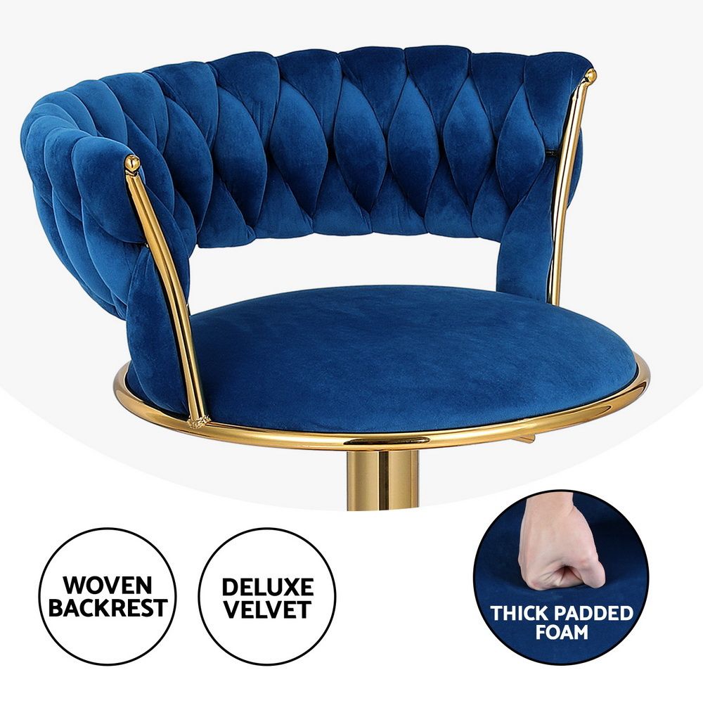 Bar Stools X3 Kitchen Counter Chair Gas Lift Velvet Woven Backrest Navy