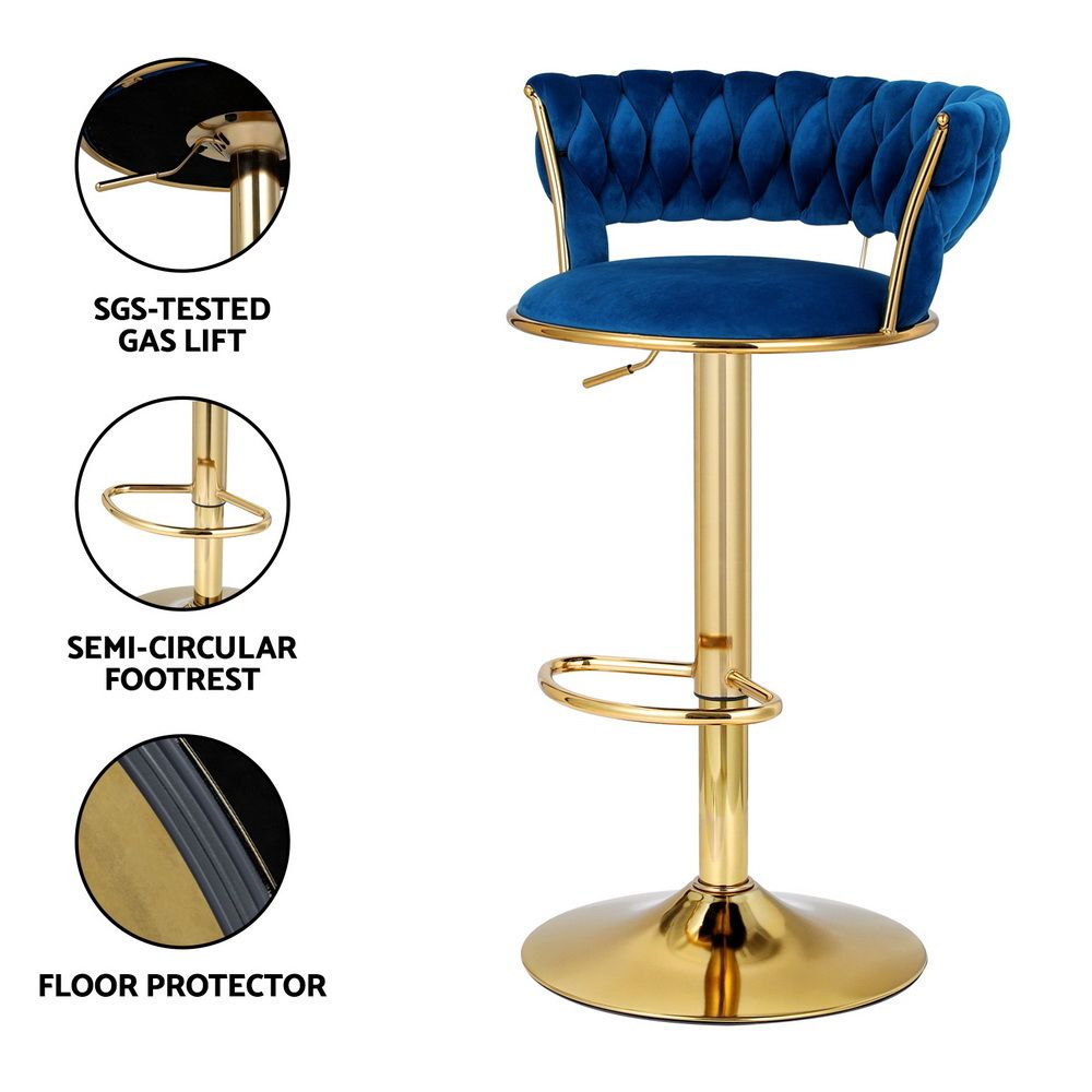 Bar Stools X3 Kitchen Counter Chair Gas Lift Velvet Woven Backrest Navy