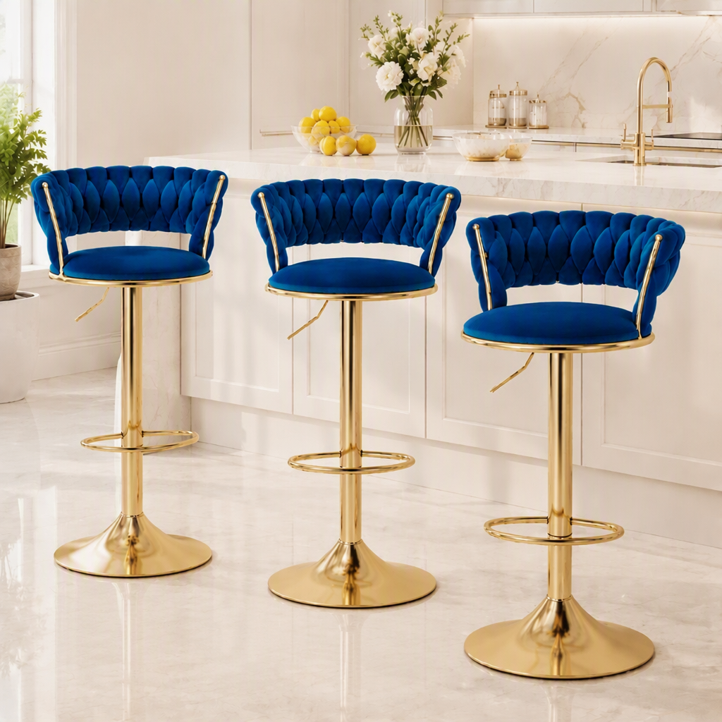 Bar Stools X3 Kitchen Counter Chair Gas Lift Velvet Woven Backrest Navy