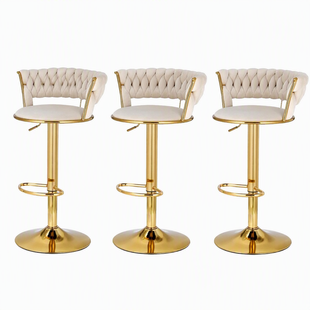 Bar Stools X3 Kitchen Counter Chair Gas Lift Velvet Woven Backrest Ivory