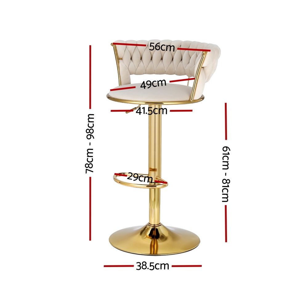 Bar Stools X3 Kitchen Counter Chair Gas Lift Velvet Woven Backrest Ivory