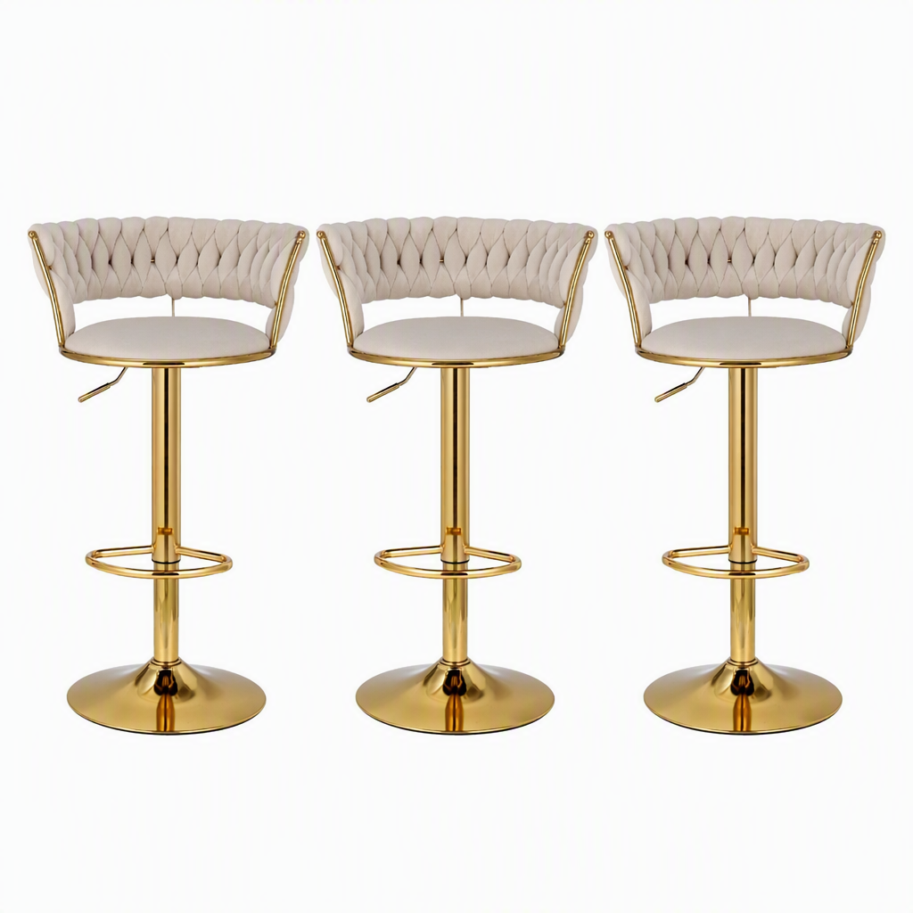 Bar Stools X3 Kitchen Counter Chair Gas Lift Velvet Woven Backrest Ivory