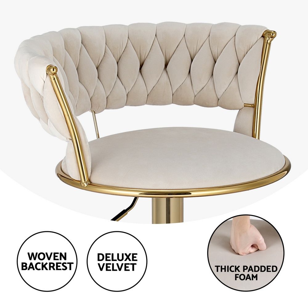 Bar Stools X3 Kitchen Counter Chair Gas Lift Velvet Woven Backrest Ivory
