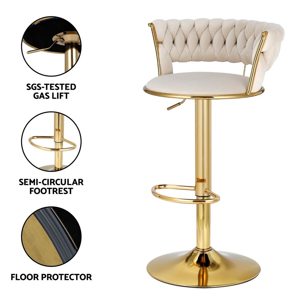 Bar Stools X3 Kitchen Counter Chair Gas Lift Velvet Woven Backrest Ivory