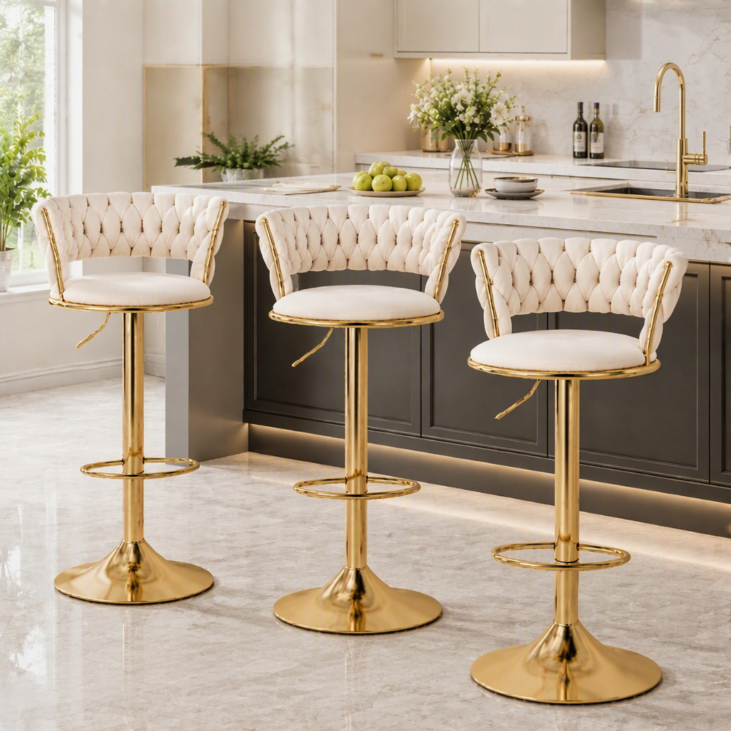 Bar Stools X3 Kitchen Counter Chair Gas Lift Velvet Woven Backrest Ivory