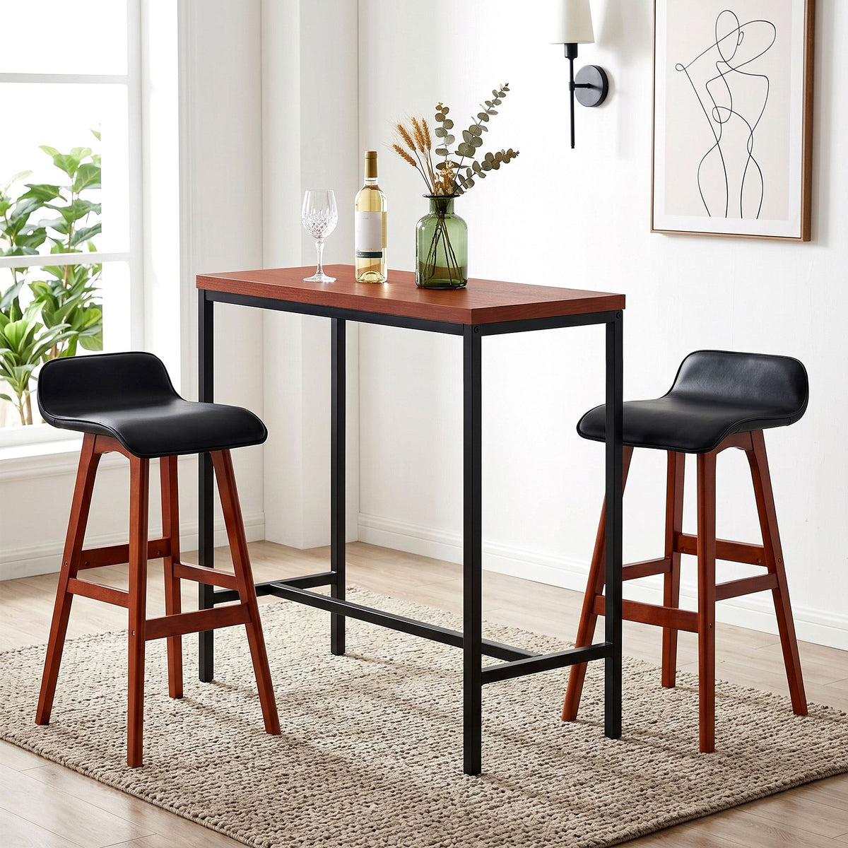 3-Piece Industrial Bar Table and Stools Set with PU Leather Seats - Black Walnut