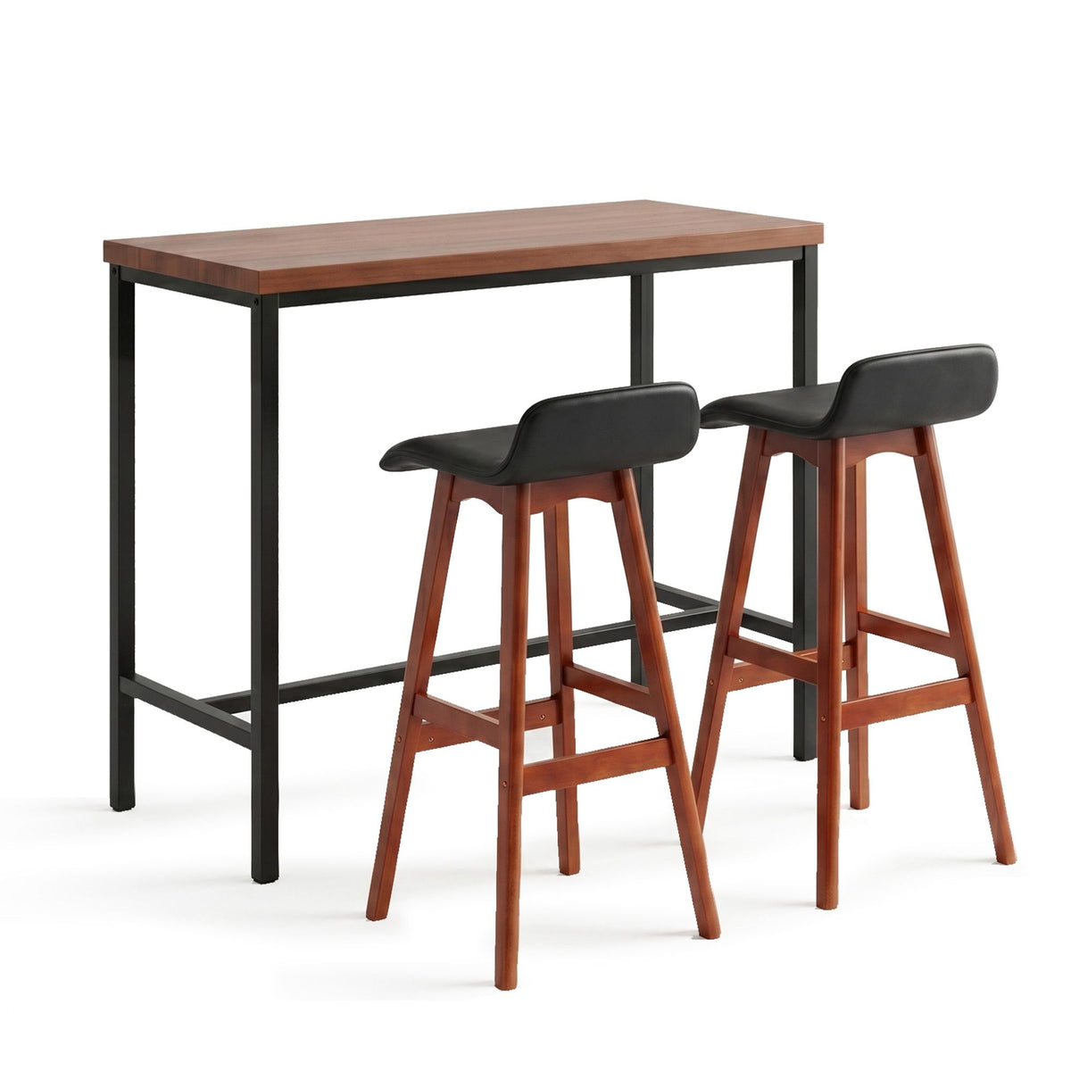 3-Piece Industrial Bar Table and Stools Set with PU Leather Seats - Black Walnut