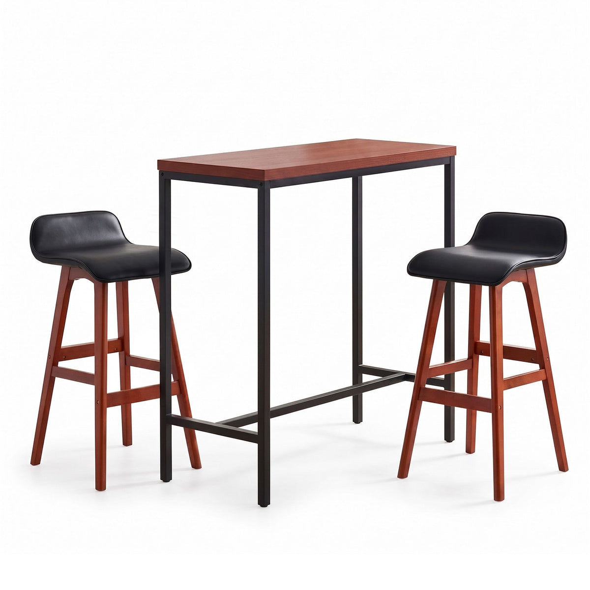3-Piece Industrial Bar Table and Stools Set with PU Leather Seats - Black Walnut