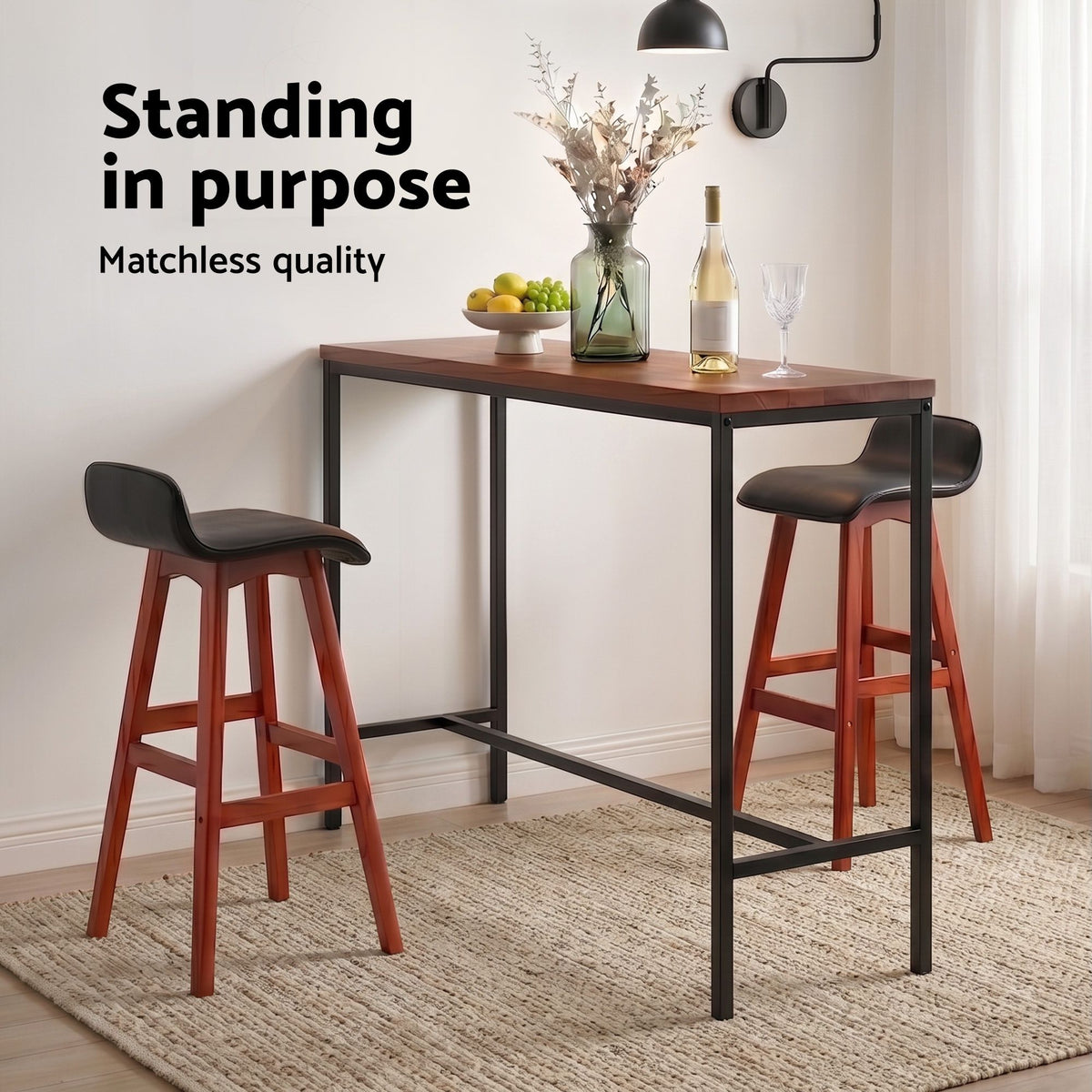 3-Piece Industrial Bar Table and Stools Set with PU Leather Seats - Black Walnut