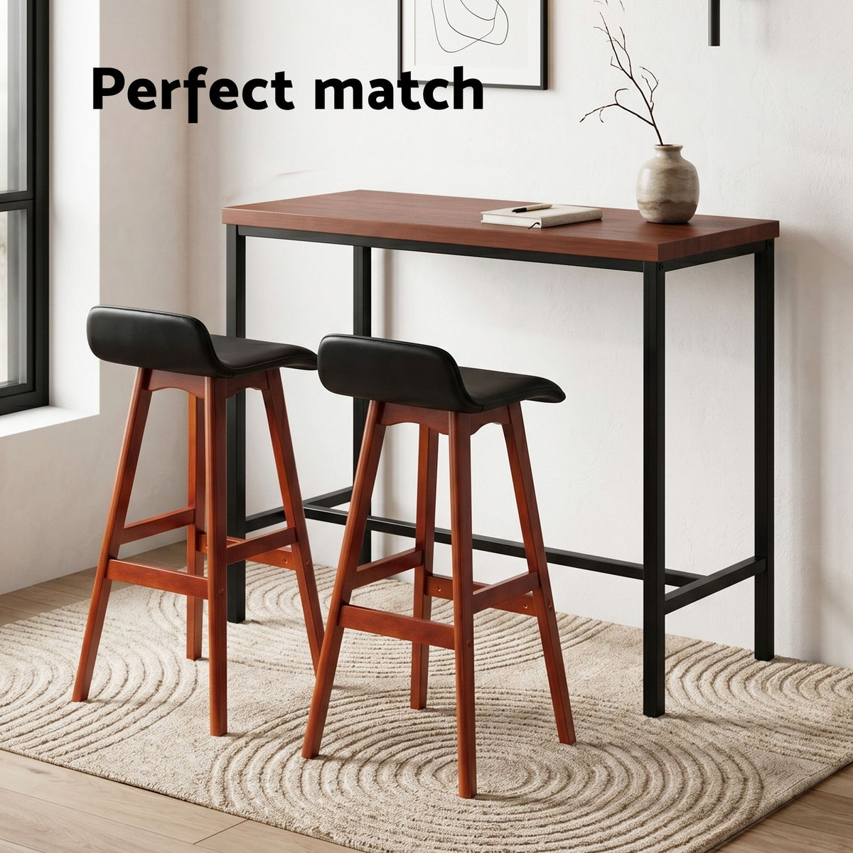 3-Piece Industrial Bar Table and Stools Set with PU Leather Seats - Black Walnut