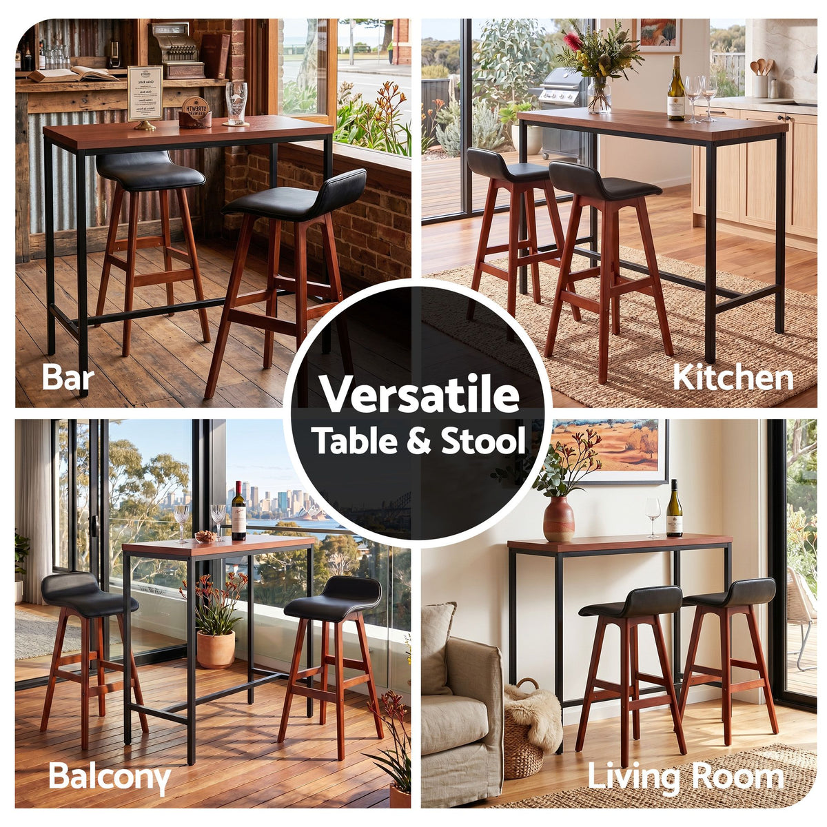 3-Piece Industrial Bar Table and Stools Set with PU Leather Seats - Black Walnut