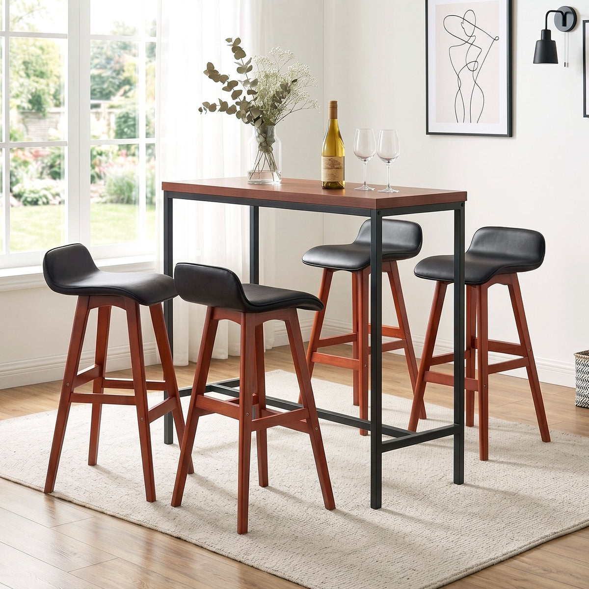 5-Piece Bar Table and Stools Set with PU Leather Seats and MDF Tabletop - Black Walnut