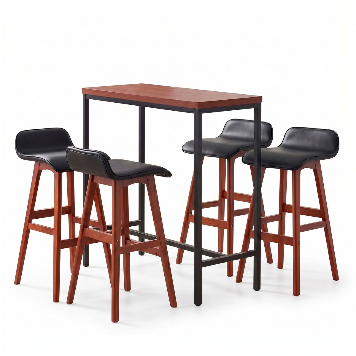 5-Piece Bar Table and Stools Set with PU Leather Seats and MDF Tabletop - Black Walnut